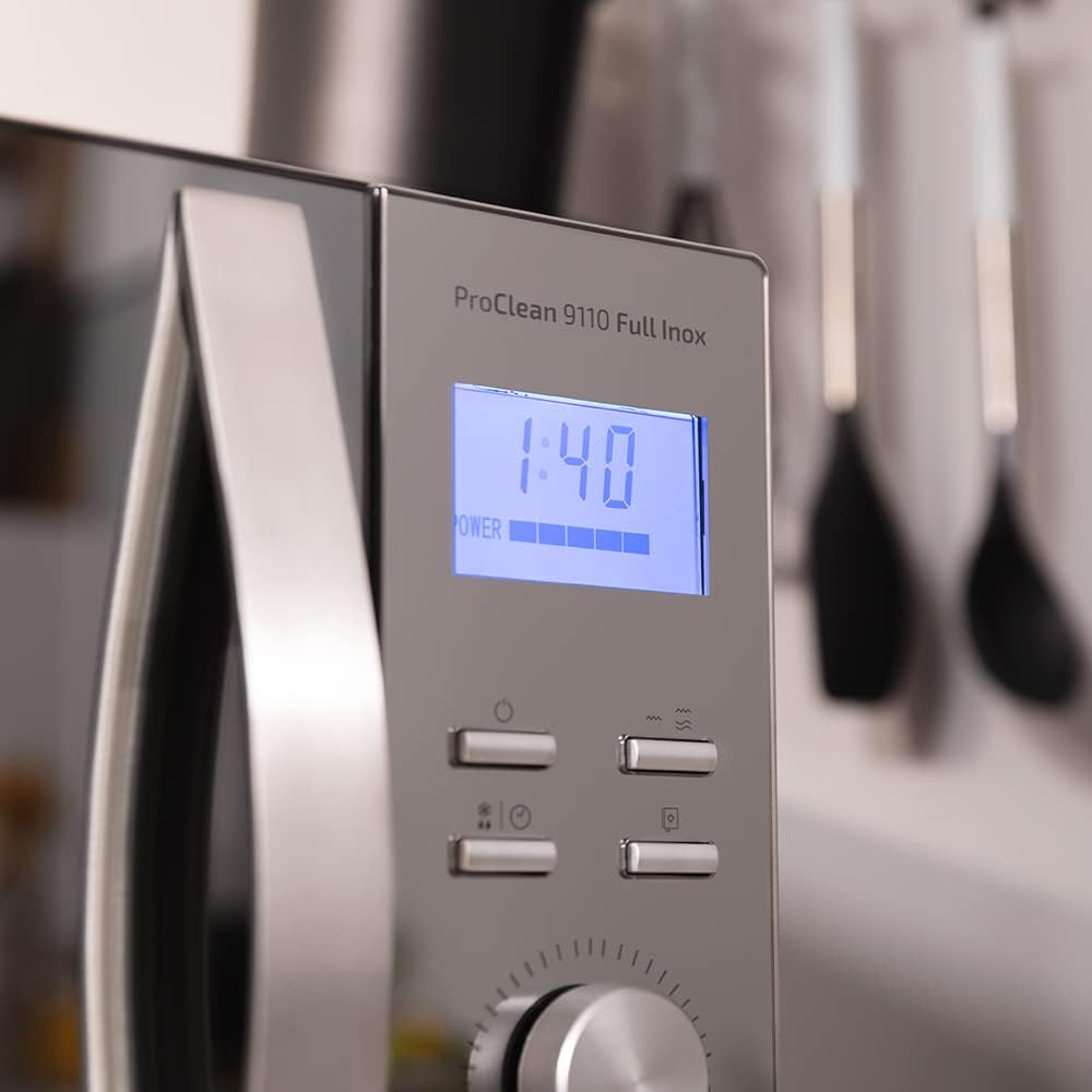 Cecotec Four à micro-ondes ProClean 9110 FullINOX avec grill 1000 W, 30 litres, 5 niveaux de puissance, 8 programmes, minuterie de 60 minutes, revêtement Ready2Clean, design avant miroir
