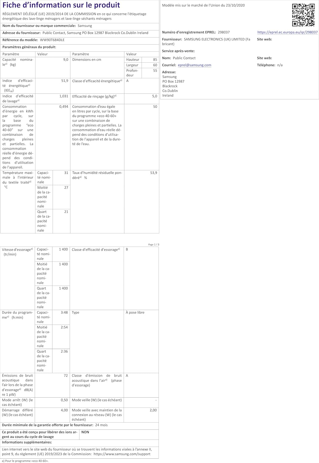 Machine à laver Samsung WW90T936DSH 9 kg