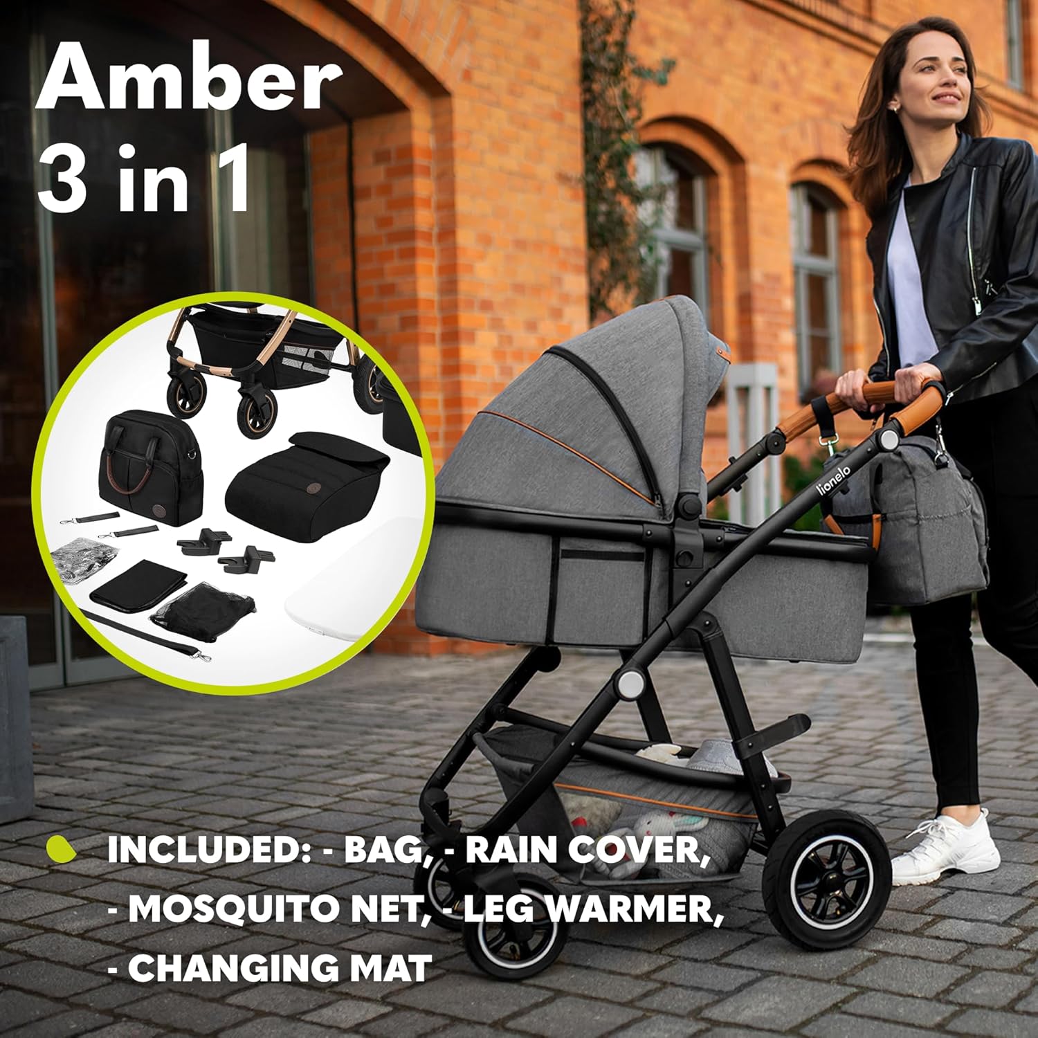 LIONELO Amber 3 in 1 poussette multifonctionnellle, landau, ensemble poussette avec siège sport et nacelle fixe, sac, moustiquaire, couvrir, feuille de pluie mit siege auto