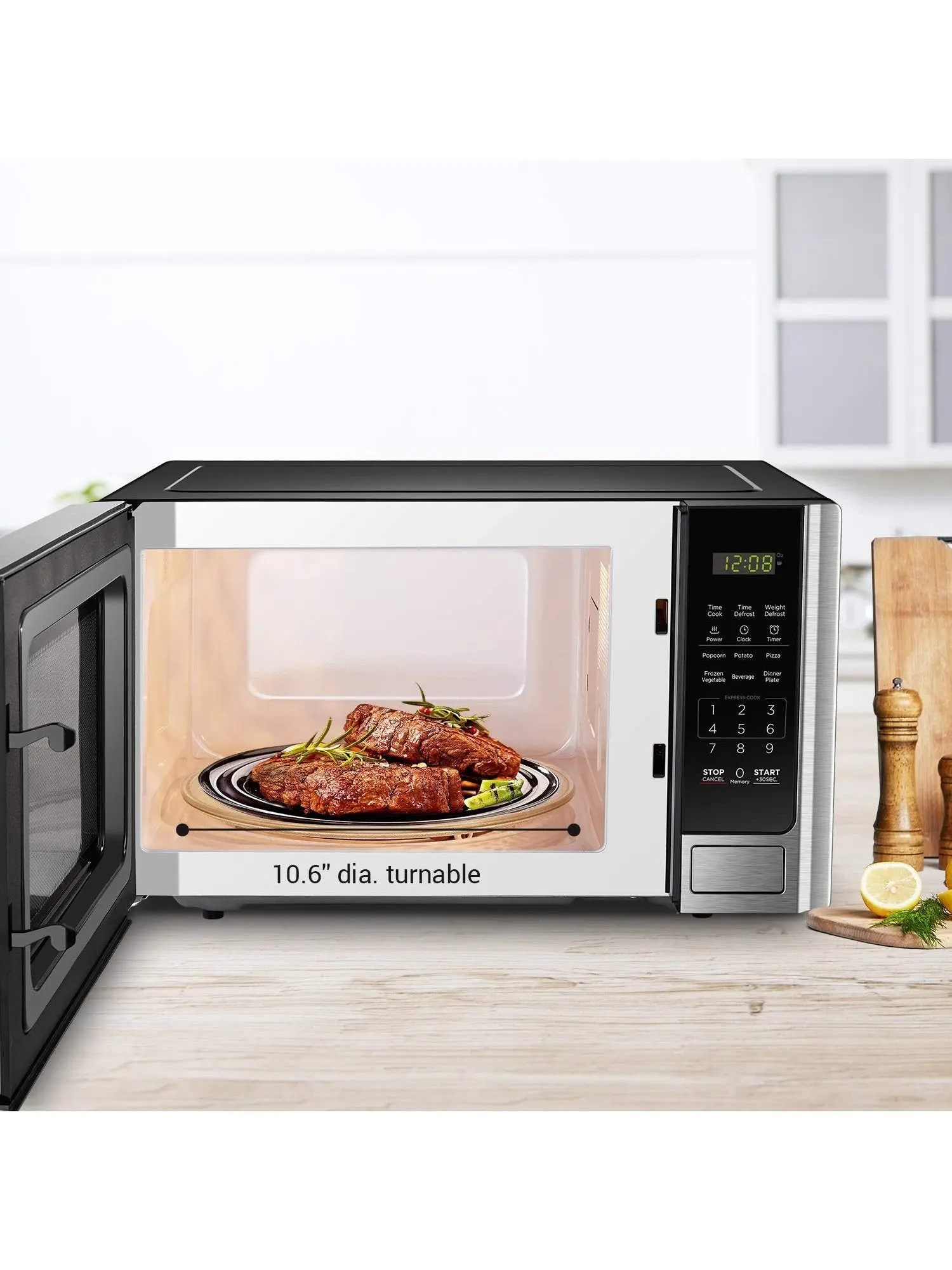 BLACK+DECKER Digital Microwave Oven with Turntable Push-Button Door, Child Safety Lock, Stainless Steel, 0.9 Cu Ft