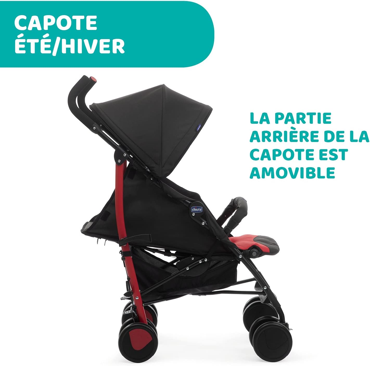 Chicco Echo Poussette Légère et Compact, Inclinable avec Arceau de Protection, Position Landau, Pliage Parapluie, Canopy Ajustable - de la Naissance à 22 Kg - Rouge