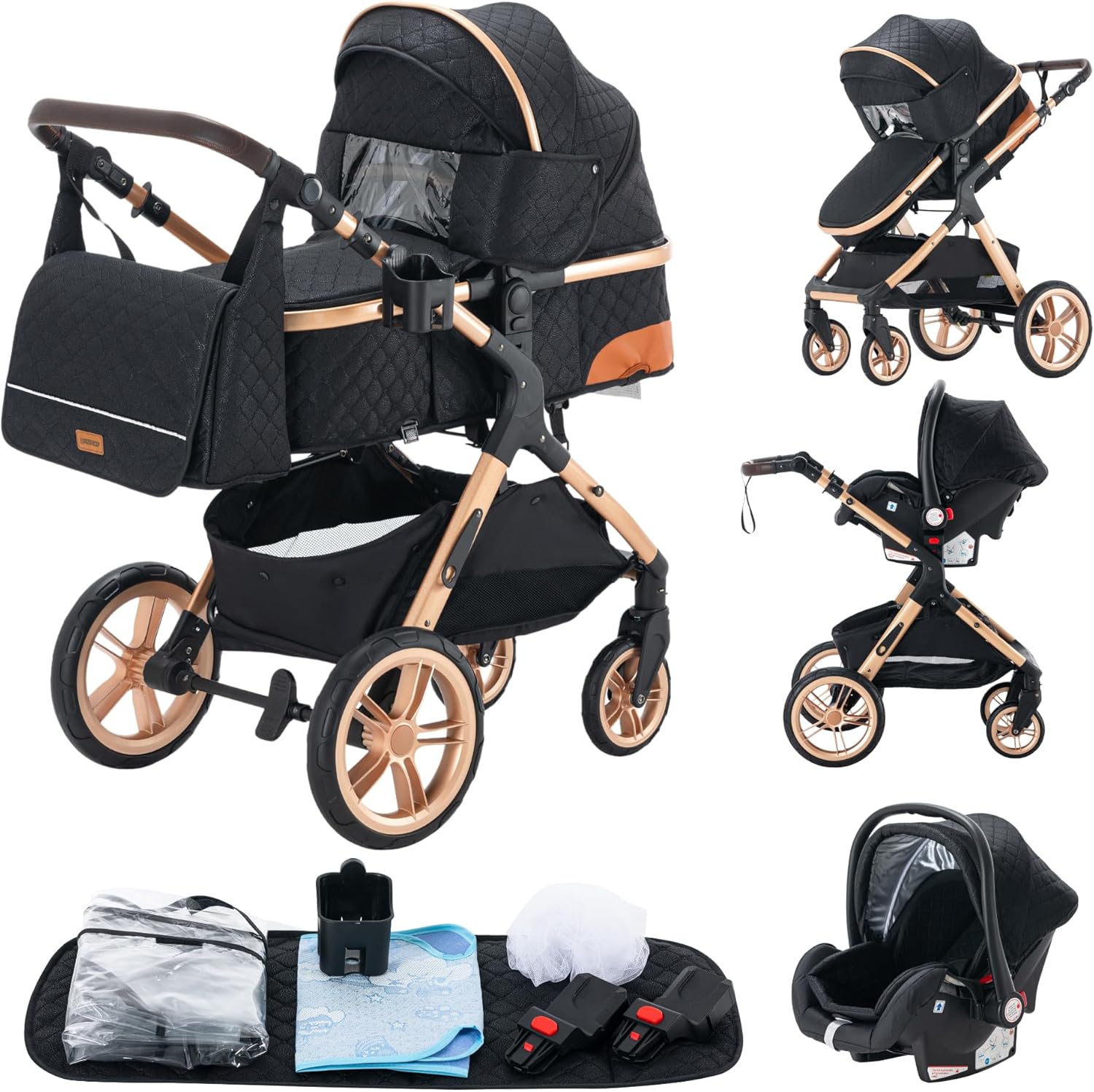YAZOCO Poussettes 3 en 1 Citadines Poussettes Combinées Poussette Tricycle Baby Walker Poussette Haute Paysage Poussettes Pliantes Trolley Bébé Landau pour 0-36 (1 Noir)