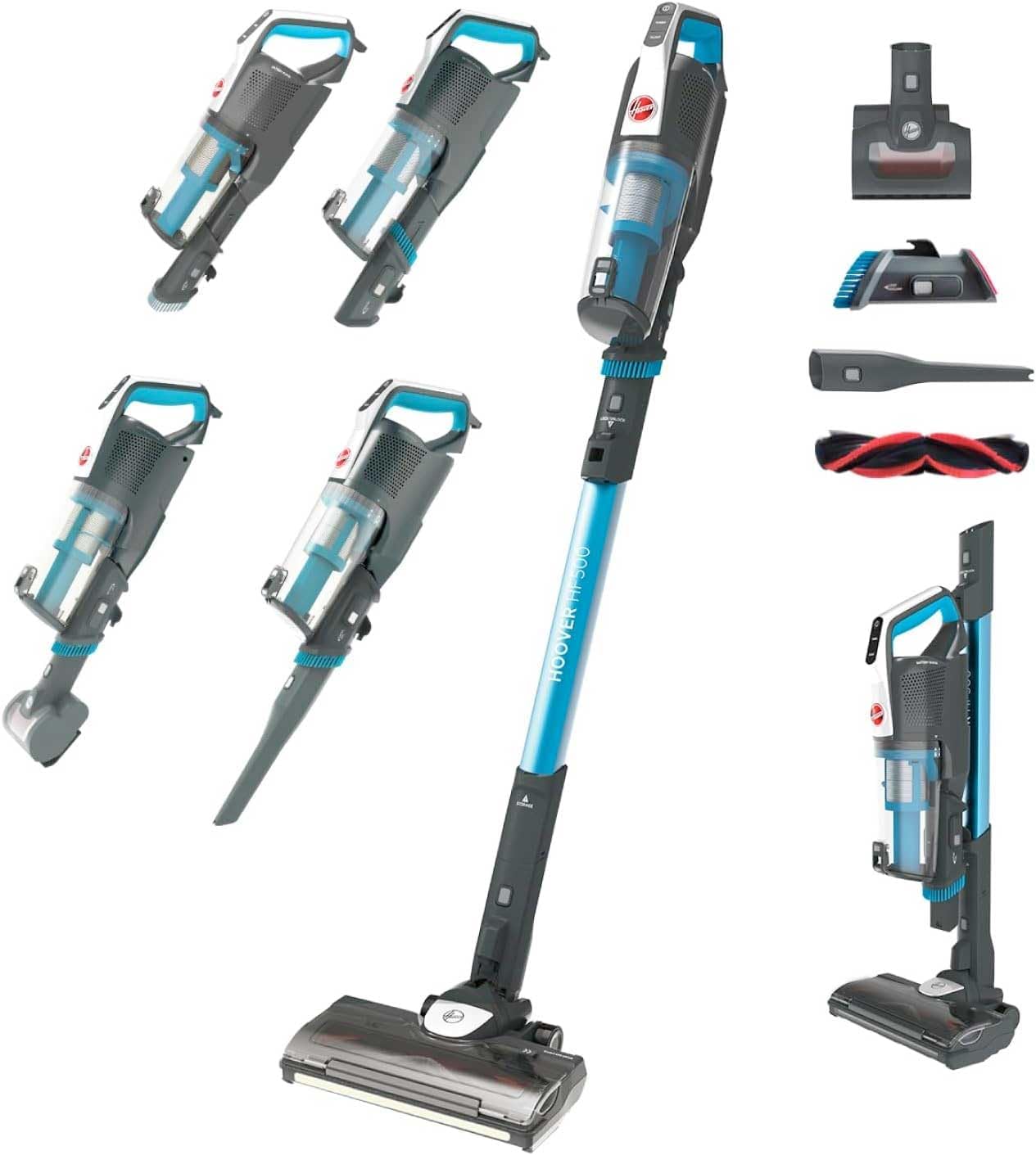 Hoover HF522STP Aspirateur Balai sans Fil Puissant, Grande Autonomie, Rangement Compact, Electrobrosse Anti-emmêlement LED, Turbobrosse Spéciale Animaux, Charge Rapide,Position Park&Go, Bleu Skyfall