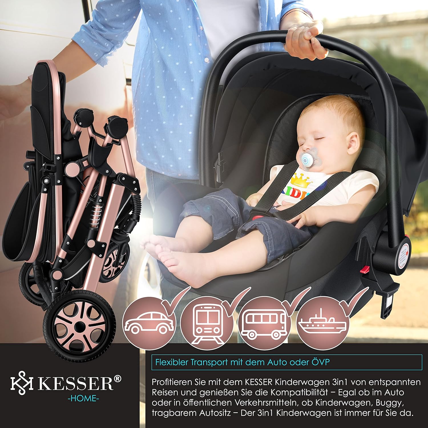 KESSER® Poussette combinée 3en1 Set incl. baignoire bébé poussette Siège sport & siège auto pour bébé Pneus pleins en caoutchouc Sac à langer Protection pluie Table pour enfant ECE R129 noir/champagne