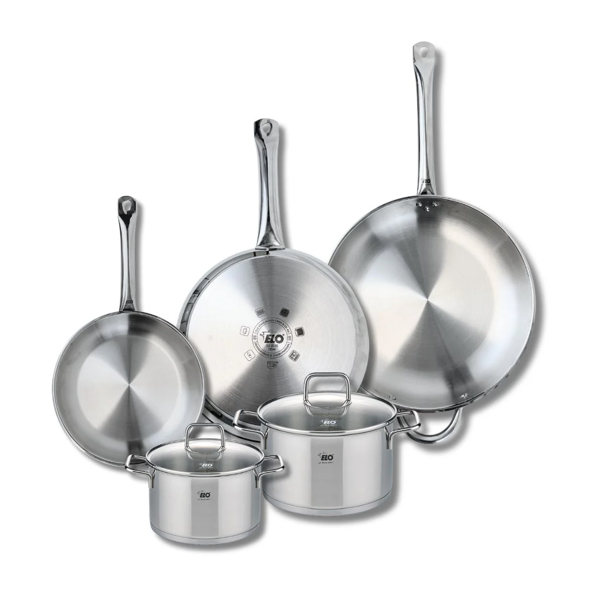Ensemble de 3 Poêles de cuisson 24, 28 et 32 cm et 2 faitouts 16 et 20 cm Elo Profi Citrin Elo