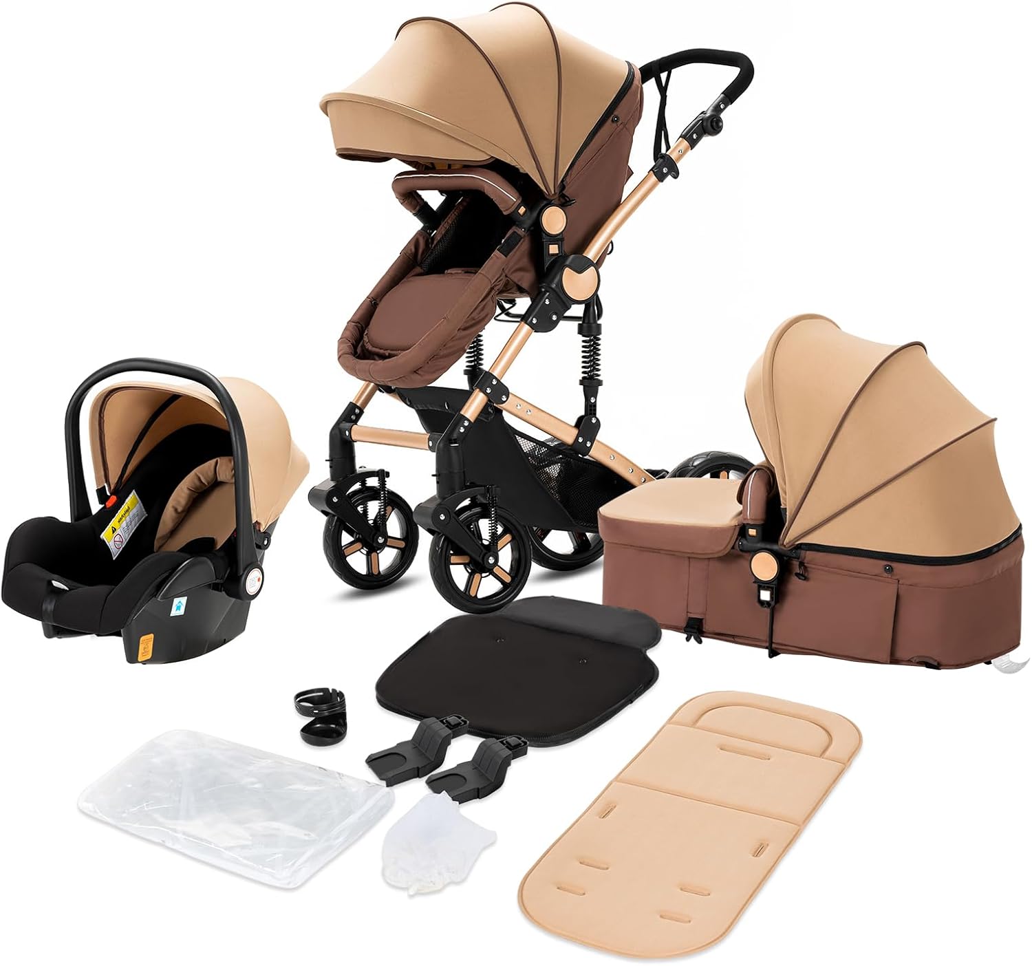 Magic ZC Poussette 3 en 1, Poussette Bebe avec Conception Portable Pliable en Un Clic, Pousette 3 en 1 avec Poussée Réversible Bidirectionnelle, Poussette Trio avec Accessoires (black gold 588)