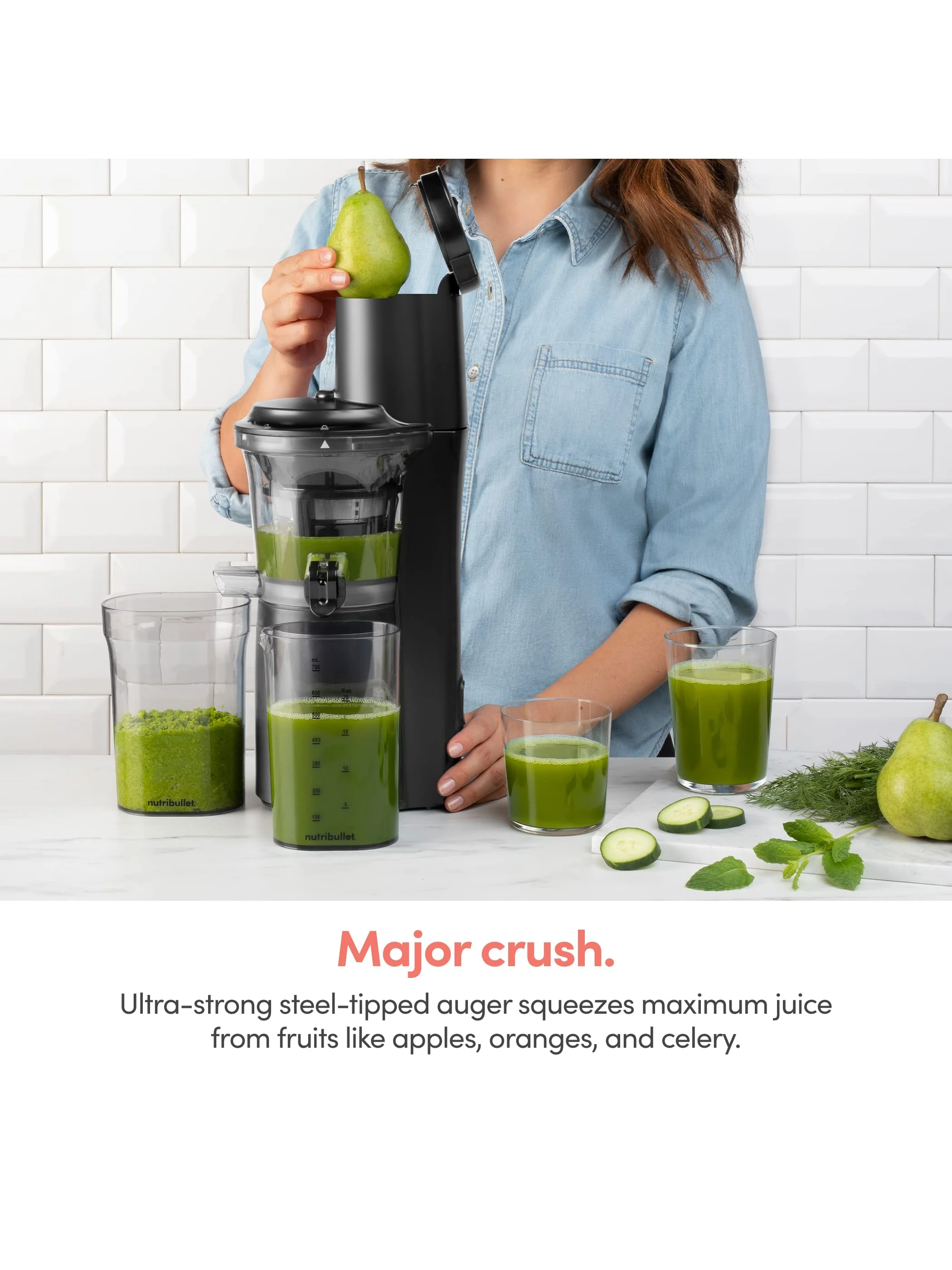 nutribullet Slow Juicer, Slow Masticating Juicer Machine, Easy to Clean, Quiet Motor & Reverse Function, BPA-Free, Cold Press Juicer with Brush, 150 Watts, Charcoal Black, NBJ50300, 24-oz