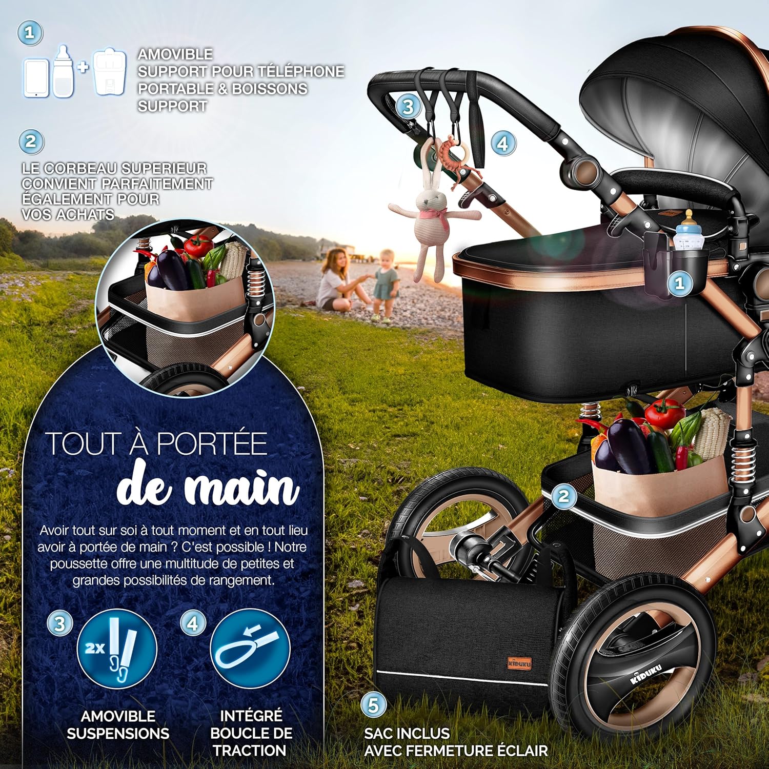 KIDUKU® Poussette Combinée 3 en 1 | Trio pour Enfants | Siége Auto Légère, Piable | Nacelle Souple Convertible | Set de Voyage (Noir/Champagne)
