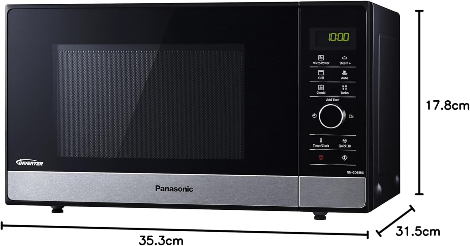 Panasonic NN-SD27HSUPG Four Micro-Ondes Technologie Inverter Plateau Tournant en Verre, 23L, 1000W, 10 Prog auto, Décongélation Chaos, 6 Puissances, Minuterie, Affichage LED, Acier Inoxydable Argent