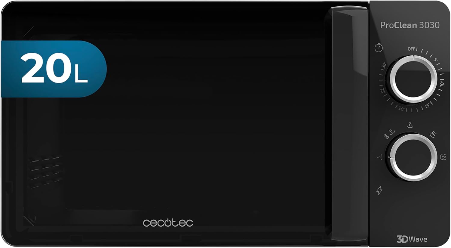 Cecotec Four à micro-ondes ProClean 9110 FullINOX avec grill 1000 W, 30 litres, 5 niveaux de puissance, 8 programmes, minuterie de 60 minutes, revêtement Ready2Clean, design avant miroir