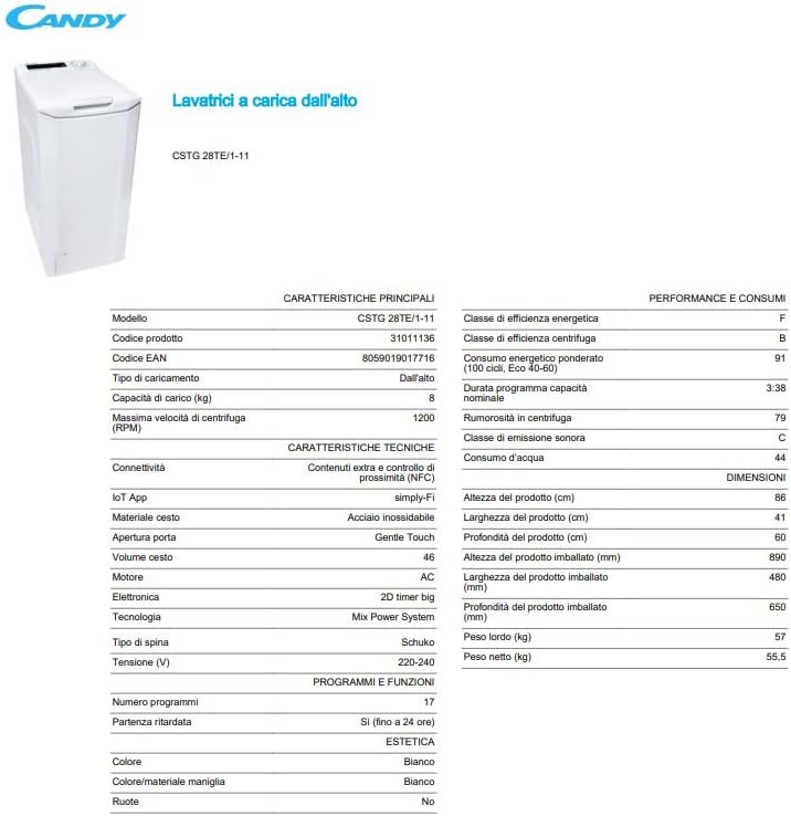 Candy Smart CSTG 28TE/1-11 Machine à laver à charge par le haut, 8 kg, 1200 tours, 17 programmes, connectivité NFC, 41 x 60 x 86 cm, classe F, blanc
