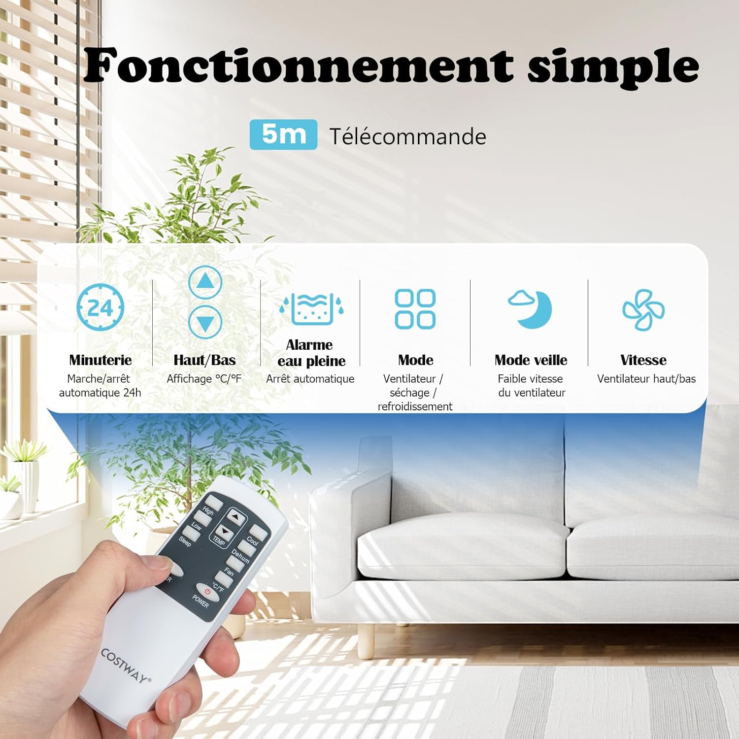 RELAX4LIFE Climatiseur Mobile Silencieux 9000BTU, Climatiseur Portable 4 en 1, Refroidisseur d'Air, Ventilateur, Déshumidificateur, Mode Nuit, 15-20㎡, Télécommande, Minuterie 24H, Classe Energie A