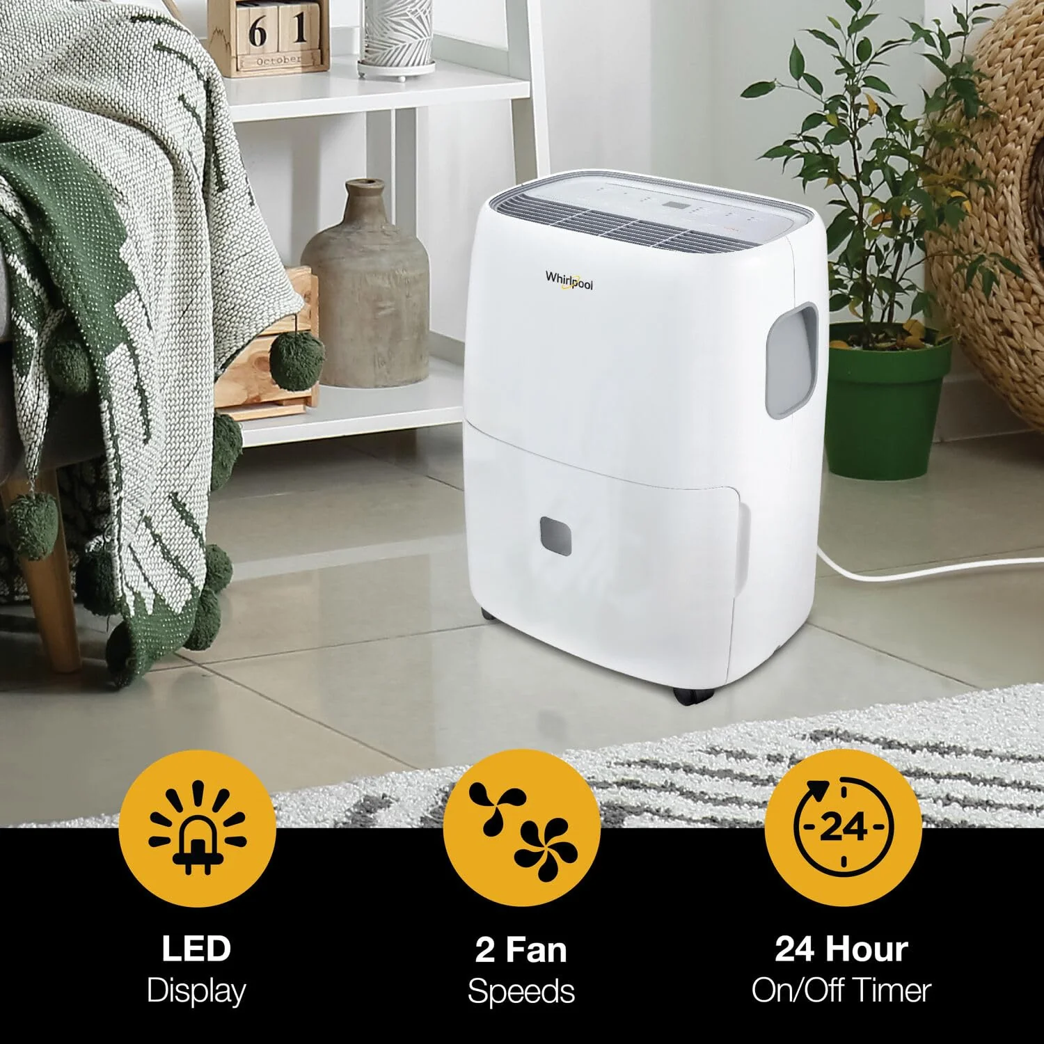 Whirlpool 20-Pint Portable Dehumidifier with Auto-Shutoff & Timer, Home Dehumidifier and Moisture Absorber For Basement, Garage, Living Room in White