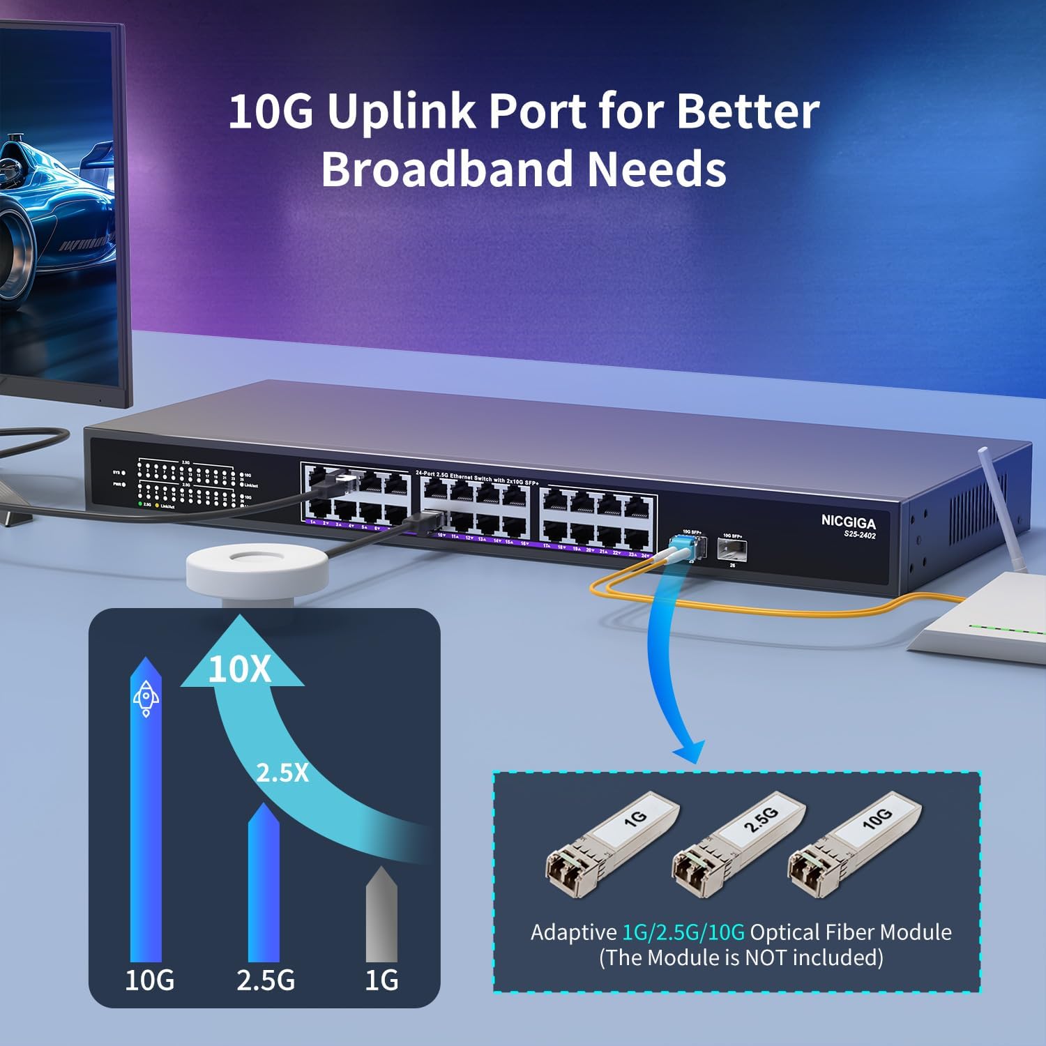 16 ports 2,5 G ➕ commutateur Ethernet SFP+ 2 ports 10 G, commutateur réseau NICGIGA 18 ports 2,5 Gb non géré, Plug & Play, montage sur bureau ou rack 19 pouces, conception métallique sans ventilateur.