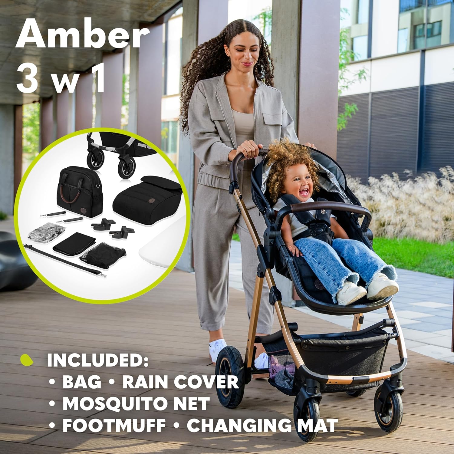 LIONELO Amber 3 in 1 poussette multifonctionnellle, landau, ensemble poussette avec siège sport et nacelle fixe, sac, moustiquaire, couvrir, feuille de pluie mit siege auto