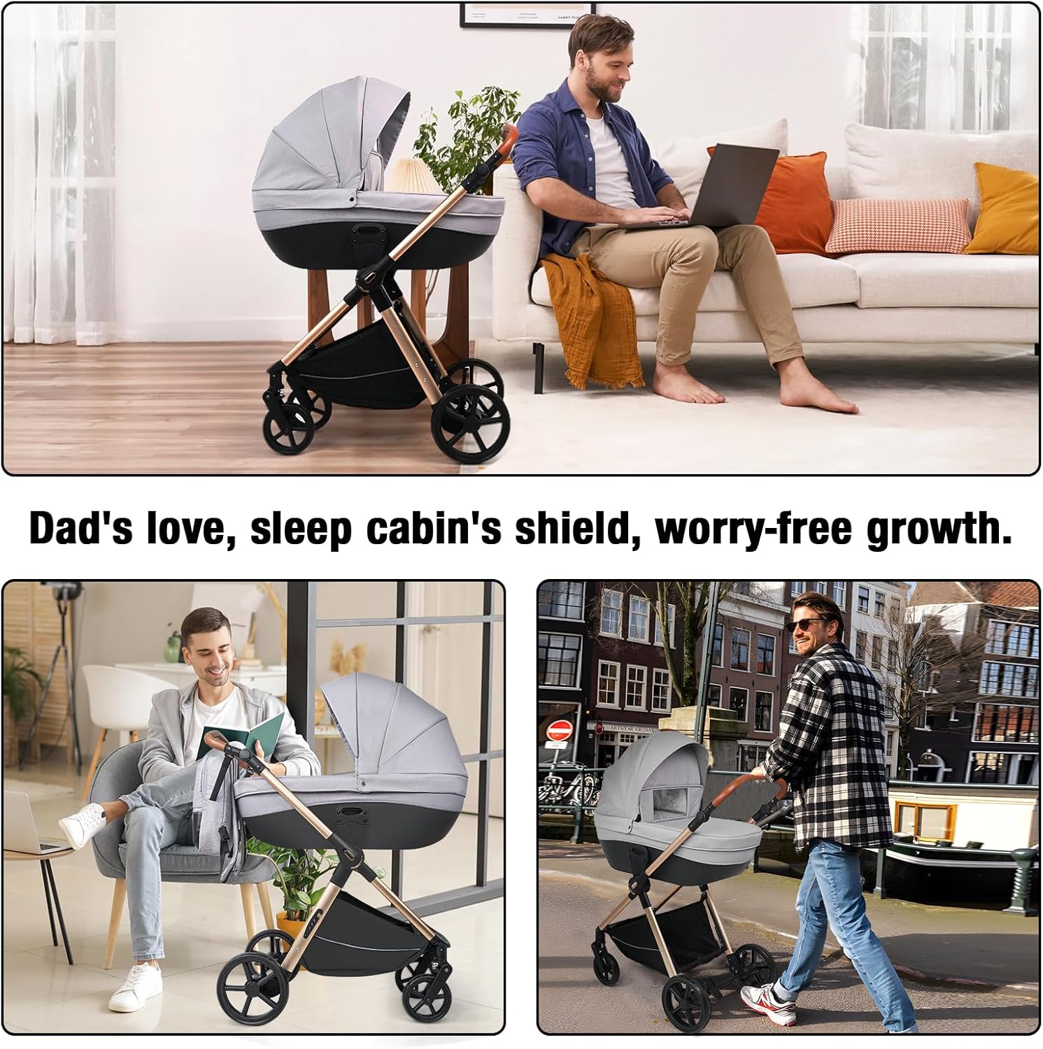 NADDLILY Poussette 3 en 1, Poussette Bebe avec Conception Portable Pliable en Un Clic, Pousette 3 en 1 avec Poussée Réversible Bidirectionnelle, Poussette Canne avec Accessoires (V9 Black)