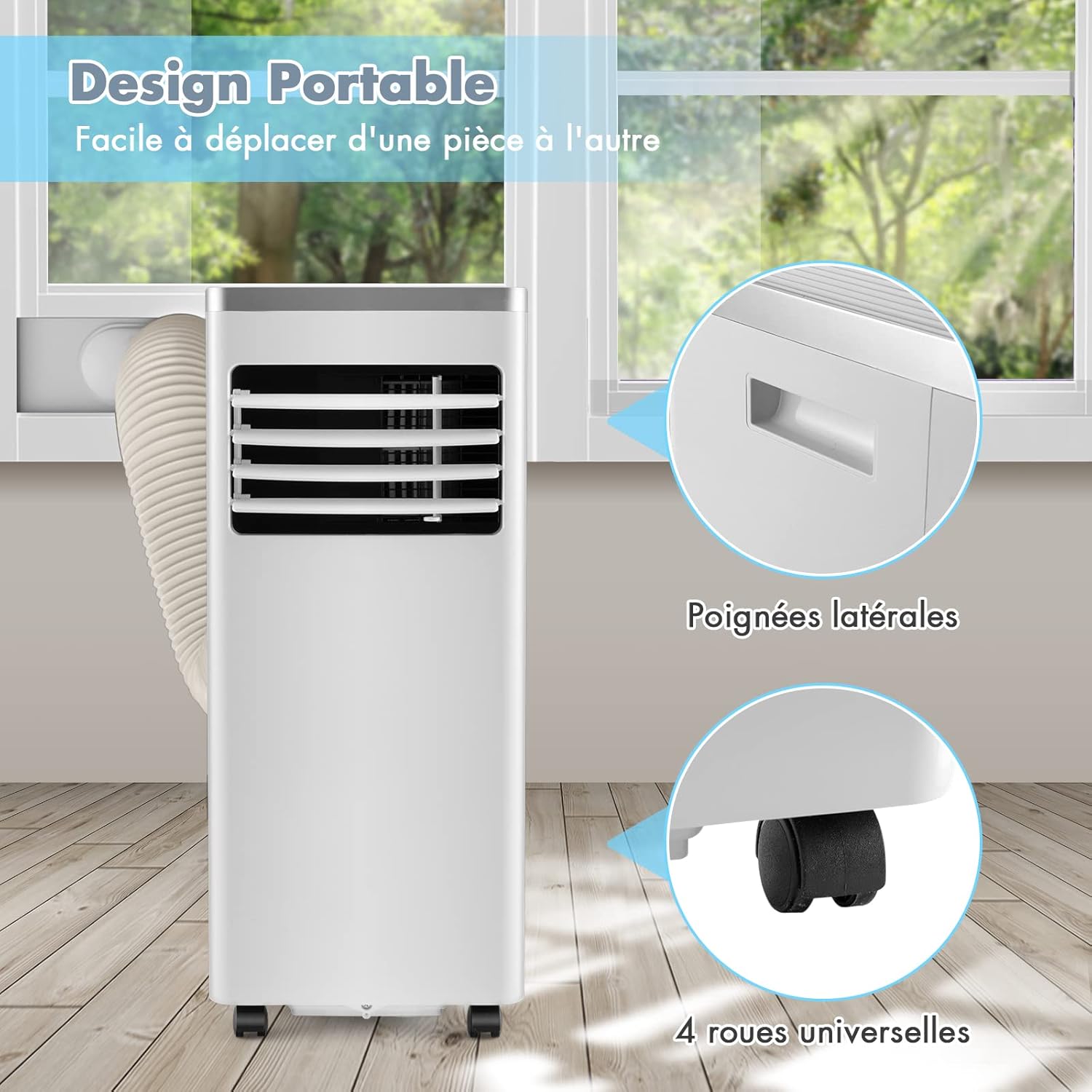 RELAX4LIFE Climatiseur Mobile Silencieux 9000BTU, Climatiseur Portable 4 en 1, Refroidisseur d'Air, Ventilateur, Déshumidificateur, Mode Nuit, 15-20㎡, Télécommande, Minuterie 24H, Classe Energie A