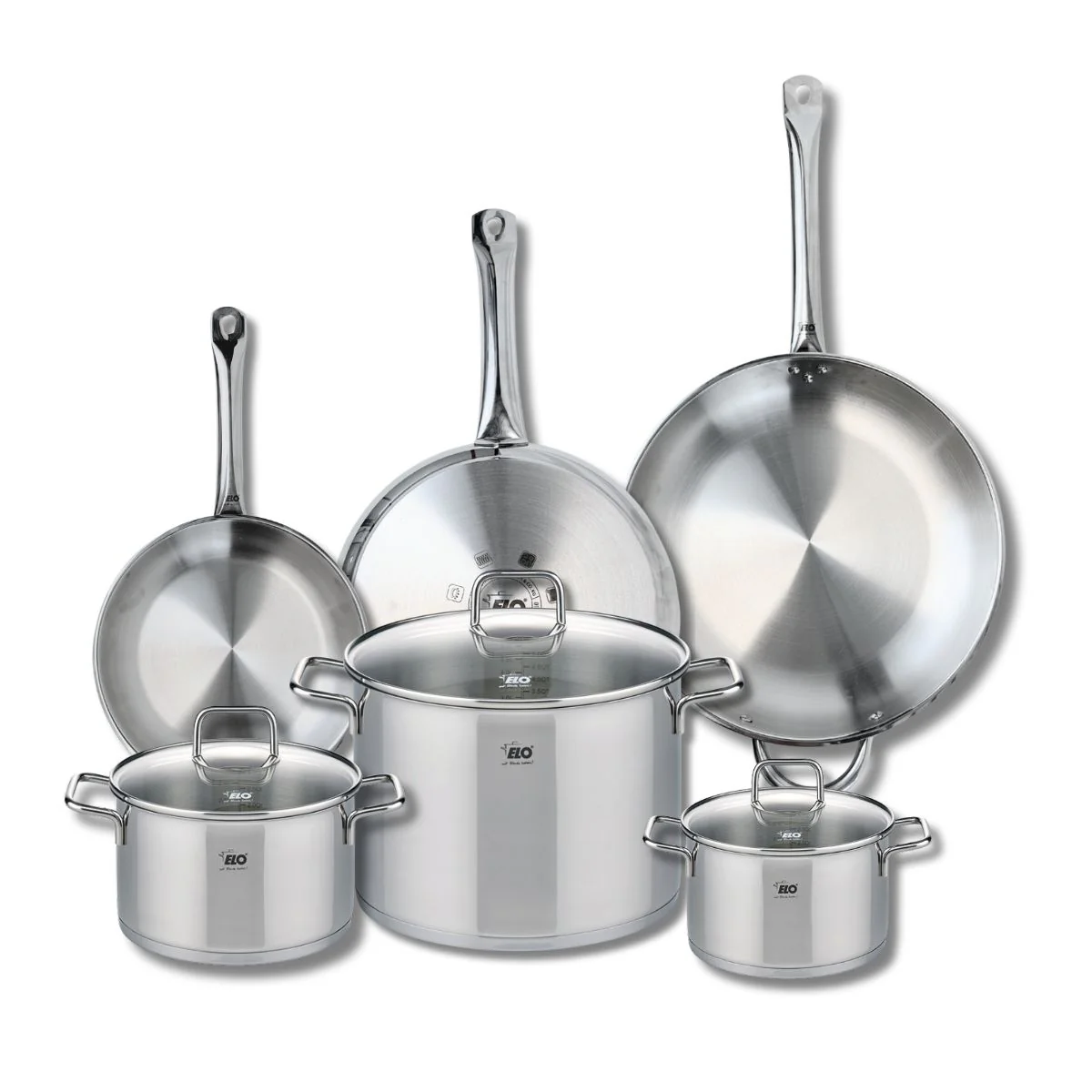 Ensemble de 3 Poêles de cuisson 24, 28 et 32 cm et 3 faitouts 16, 20 et 26 cm Elo Profi Citrin Elo
