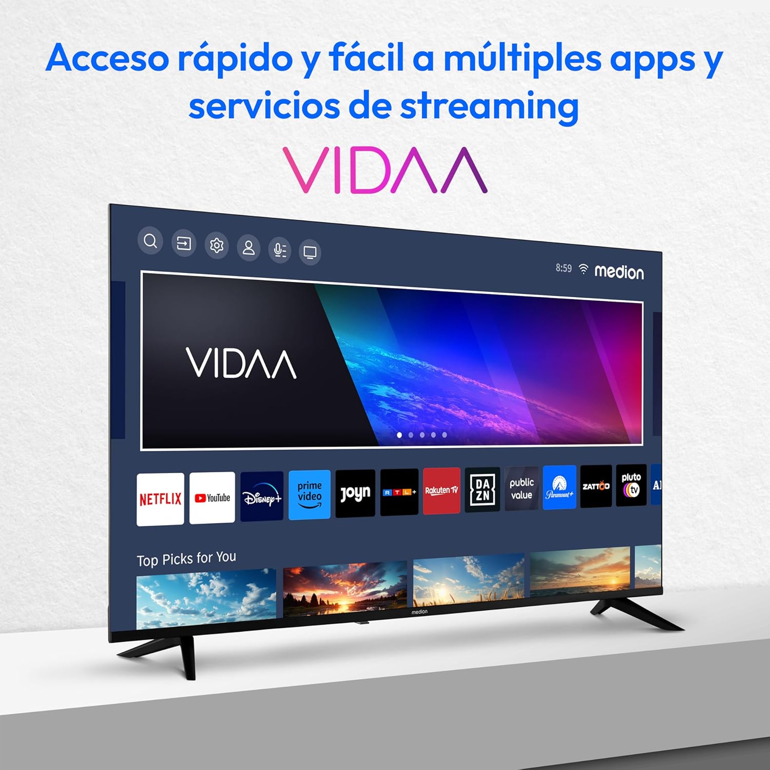MEDION X14308 (MD 31640) Téléviseur 108 cm (43 Pouces) (Smart TV, 4K Ultra HD, HDR, VIDAA Store, Netflix, Prime Video, Disney+, DAZN, Paramount+, HbbTV, PVR, Bluetooth)