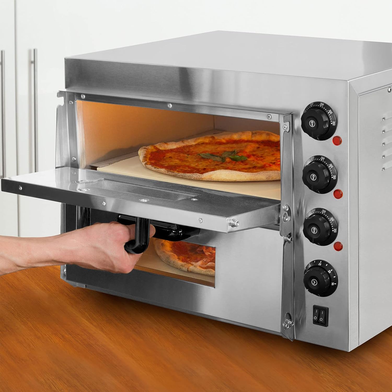 VERTES Four à Pizza électrique, Deux Etages, 3000W, Pierre réfractaire four, Chaleur de voûte et de Sole réglable indépendamment jusqu'à 350°C, Fonction minuterie, four double cavité, Acier INOX