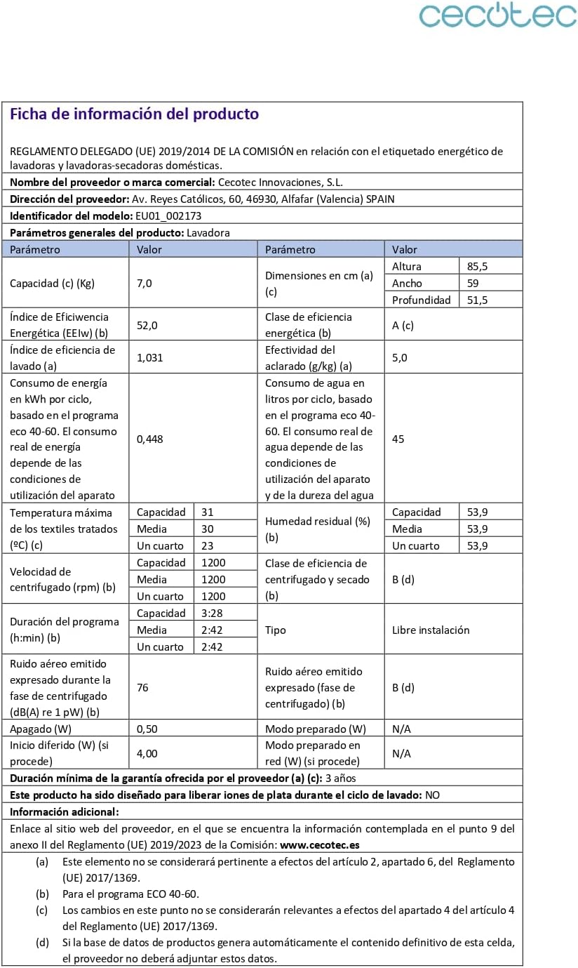 Cecotec Lavadora 8 Kg Carga Frontal Bolero Dresscode 8500 Inverter A. 1900 W, 1400 rpm, Motor Inverter Plus, Bajo Consumo, 16 Programas, SteamMax, Delay Start, Blanco
