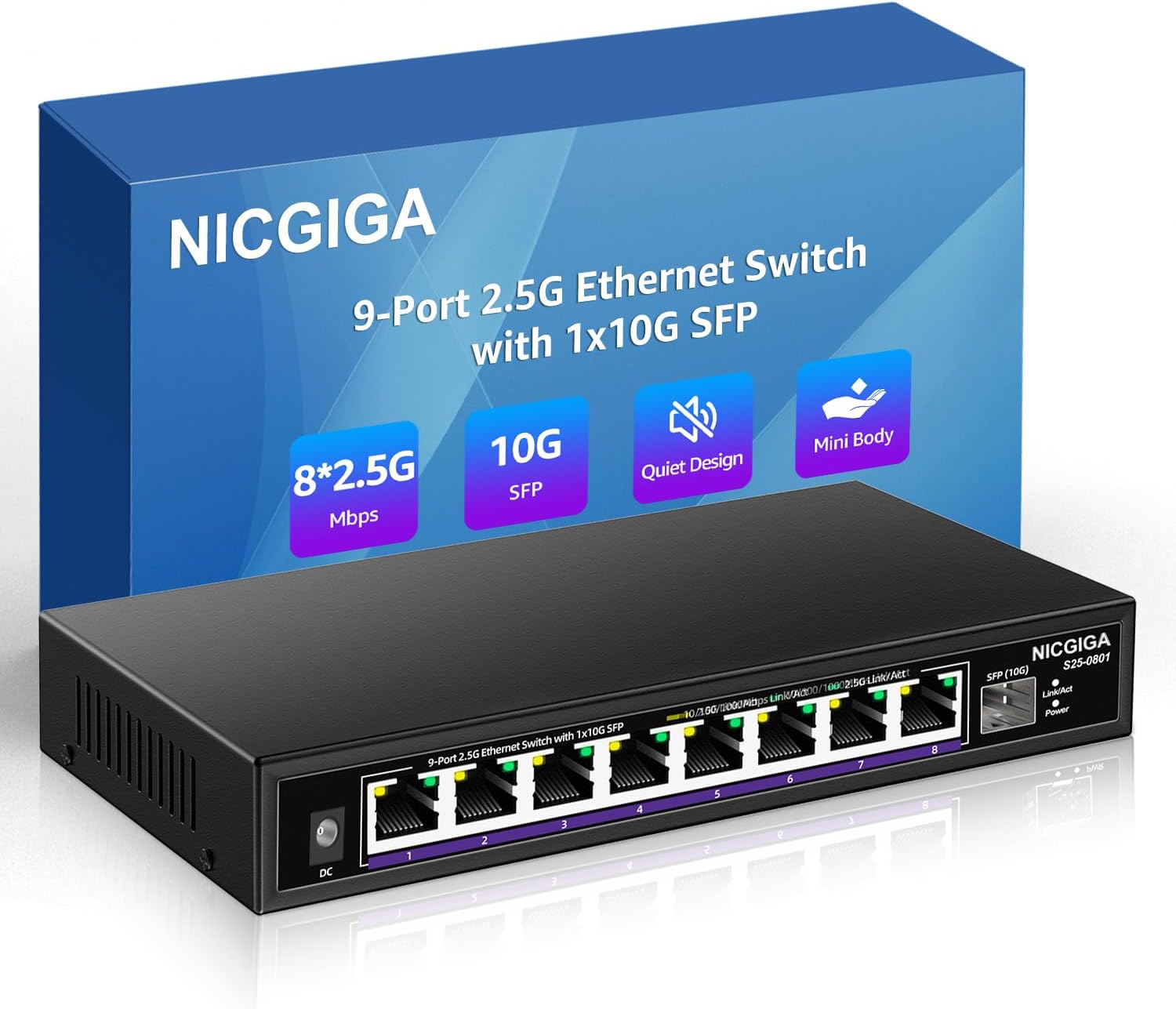 16 ports 2,5 G ➕ commutateur Ethernet SFP+ 2 ports 10 G, commutateur réseau NICGIGA 18 ports 2,5 Gb non géré, Plug & Play, montage sur bureau ou rack 19 pouces, conception métallique sans ventilateur.