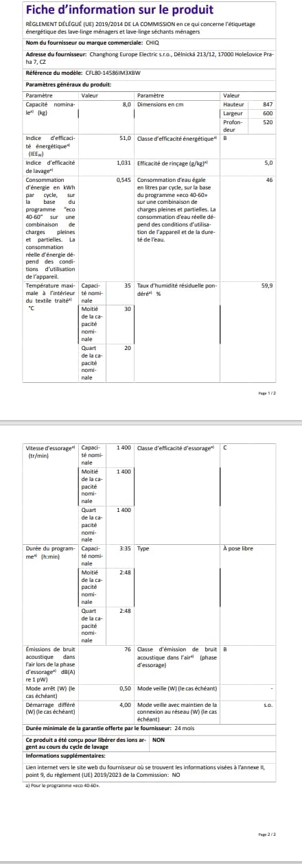 CHiQ Lave-linge à chargement frontal 10kg CFL100-14586IM3XWA,Space Pro,Moteur Inverter stable,1400 tr/min, Programme intelligent à IA,Fonction vapeur,Lavage rapide 15 minutes,15 cycles lavage,Blanc