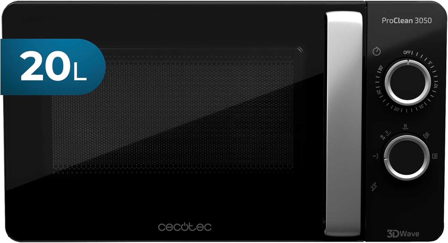 Cecotec Four à micro-ondes ProClean 9110 FullINOX avec grill 1000 W, 30 litres, 5 niveaux de puissance, 8 programmes, minuterie de 60 minutes, revêtement Ready2Clean, design avant miroir