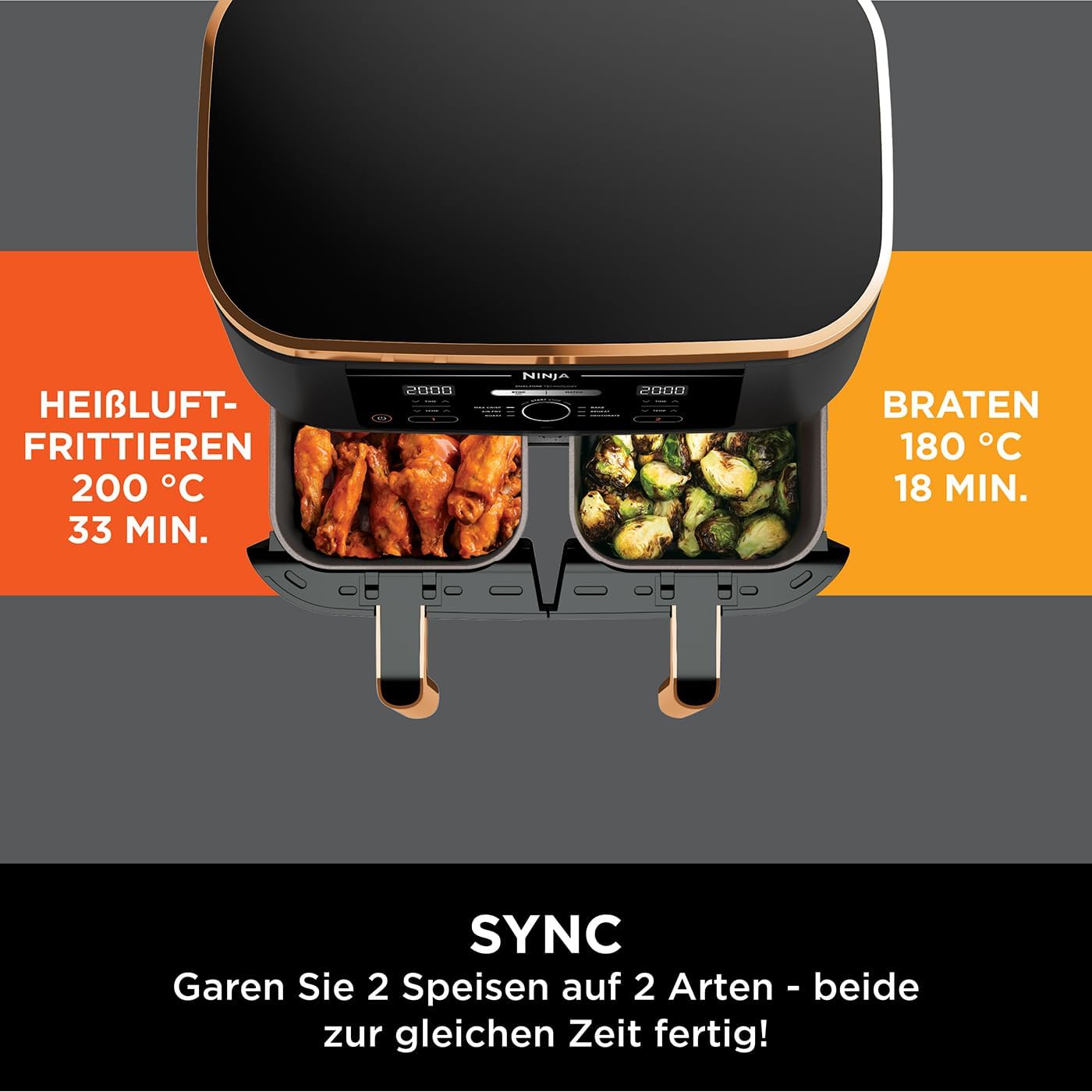 Ninja Foodi FlexDrawer Dual Zone Heißluftfritteuse, Airfryer mit 10,4-Fach und herausnehmbarem Trenner, Antihaftbeschichtung, spülmaschinenfester Korb, 7-in-1, Schwarz & Kupfer, AF500EUCP