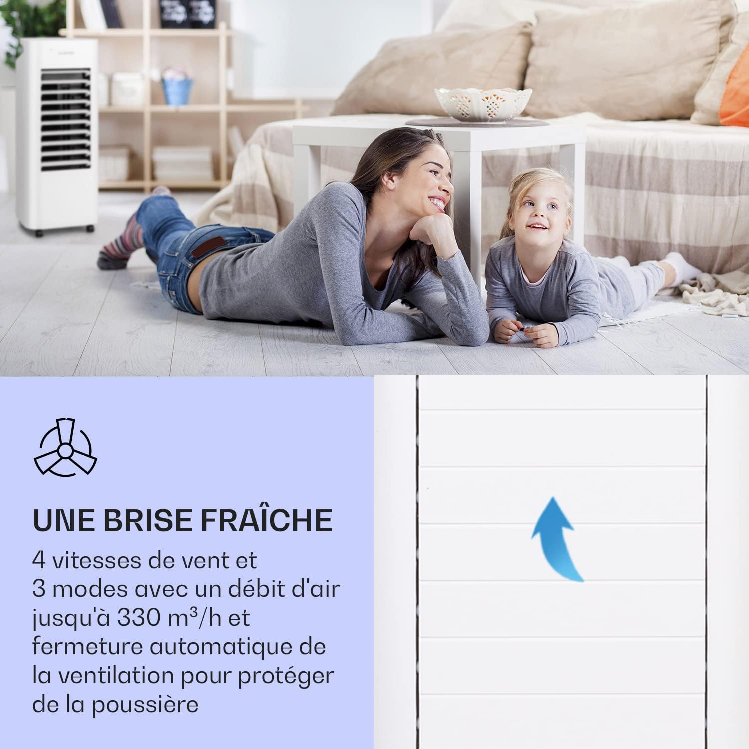 Klarstein Rafraichisseur d'Air 4 en 1, Climatiseur Portable Smart APP Mobile, Humidificateur, Ventilateur, Sans Évacuation 65W, Pack Glacons, Mode Nuit, Puissant Débit d'Air 330m³/h