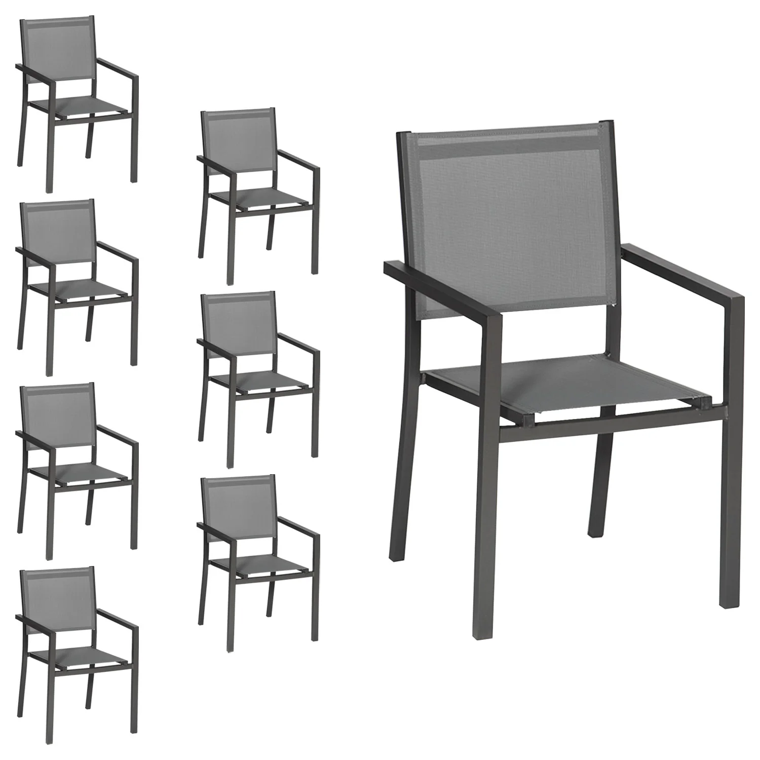 Lot de 8 chaises en aluminium anthracite - textilène gris Happy Garden