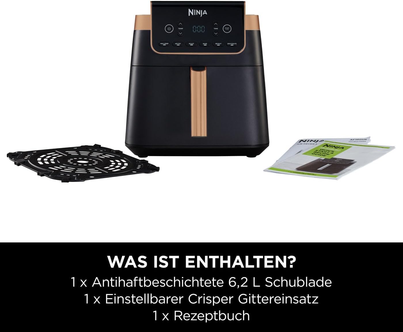 Ninja Foodi FlexDrawer Dual Zone Heißluftfritteuse, Airfryer mit 10,4-Fach und herausnehmbarem Trenner, Antihaftbeschichtung, spülmaschinenfester Korb, 7-in-1, Schwarz & Kupfer, AF500EUCP