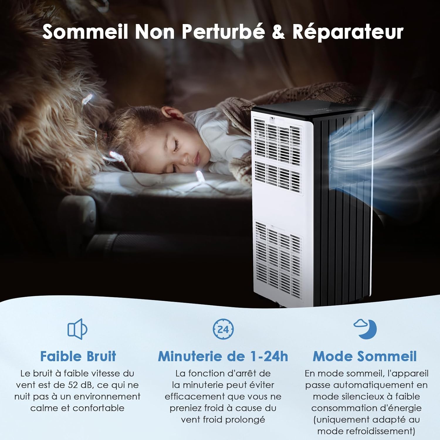 RELAX4LIFE Climatiseur Mobile Silencieux 9000BTU, Climatiseur Portable 4 en 1, Refroidisseur d'Air, Ventilateur, Déshumidificateur, Mode Nuit, 15-20㎡, Télécommande, Minuterie 24H, Classe Energie A