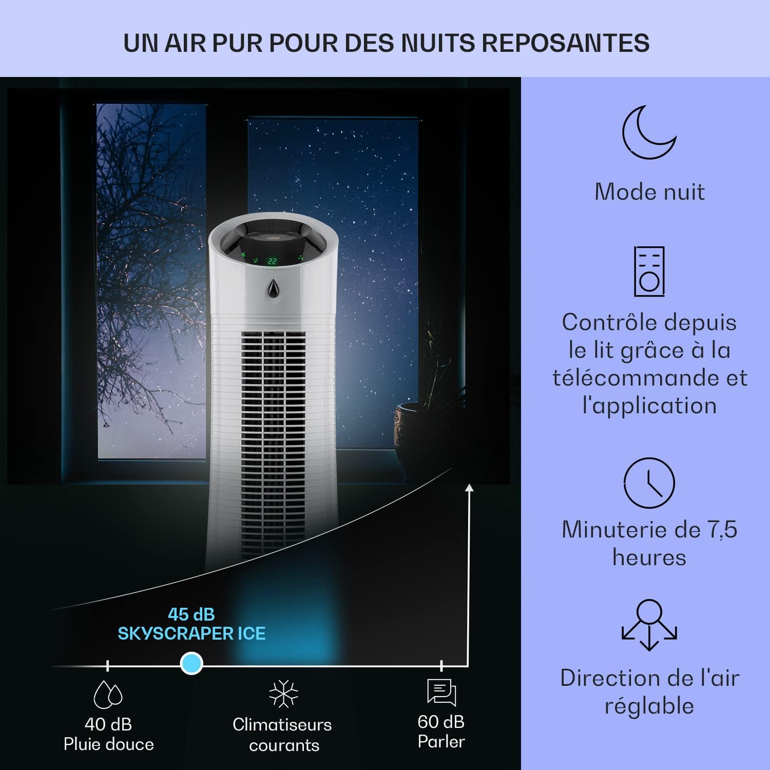 Klarstein Rafraichisseur d'Air Mobile 5 en 1, par Evaporation avec Humidificateur, Ventilateur, Ioniseur, Climatiseur Mobile Sans Évacuation, Mode Nuit, 45W, Débit d'Air de 180m³/h