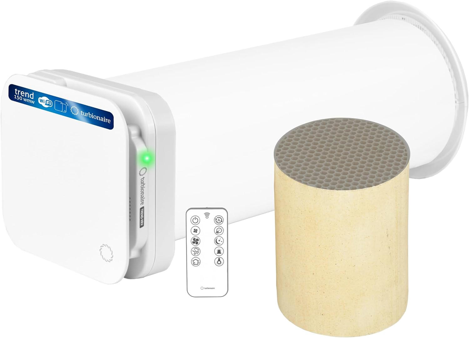 Turbionaire Trend HRV Unite de VMC Décentralisée, Récupérateur de Chaleur Céramique, Capteur d'Humidité, Télécommande, Minuterie, 8 Vitesses, Flux d'Air Réversible, 100 mm, Blanc, Silenciuse