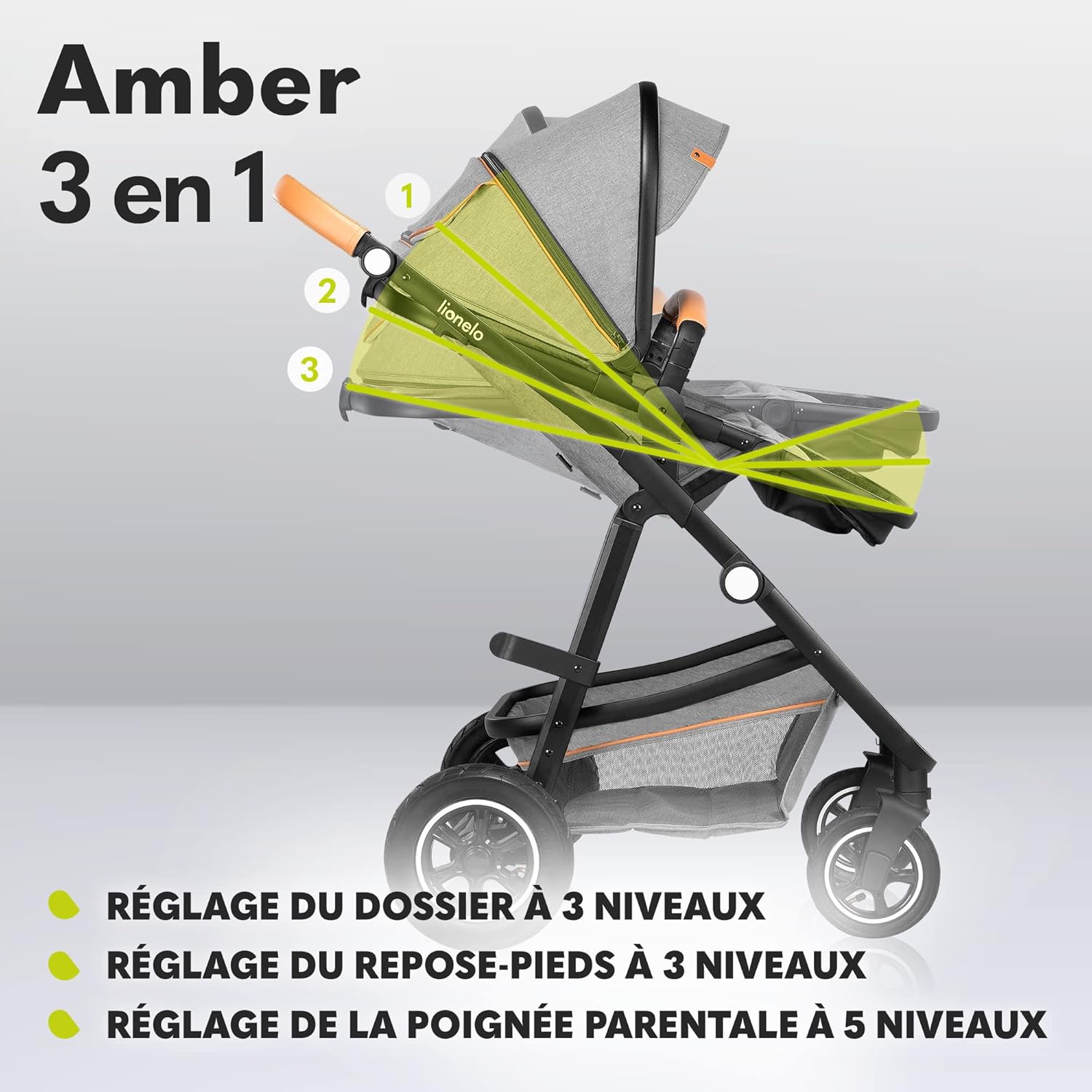 LIONELO Amber 3 in 1 poussette multifonctionnellle, landau, ensemble poussette avec siège sport et nacelle fixe, sac, moustiquaire, couvrir, feuille de pluie mit siege auto