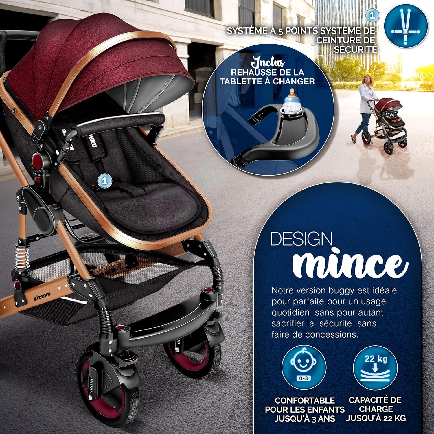 KIDUKU® Poussette Combinée 3 en 1 | Trio pour Enfants | Siége Auto Légère, Piable | Nacelle Souple Convertible | Set de Voyage (Noir/Champagne)