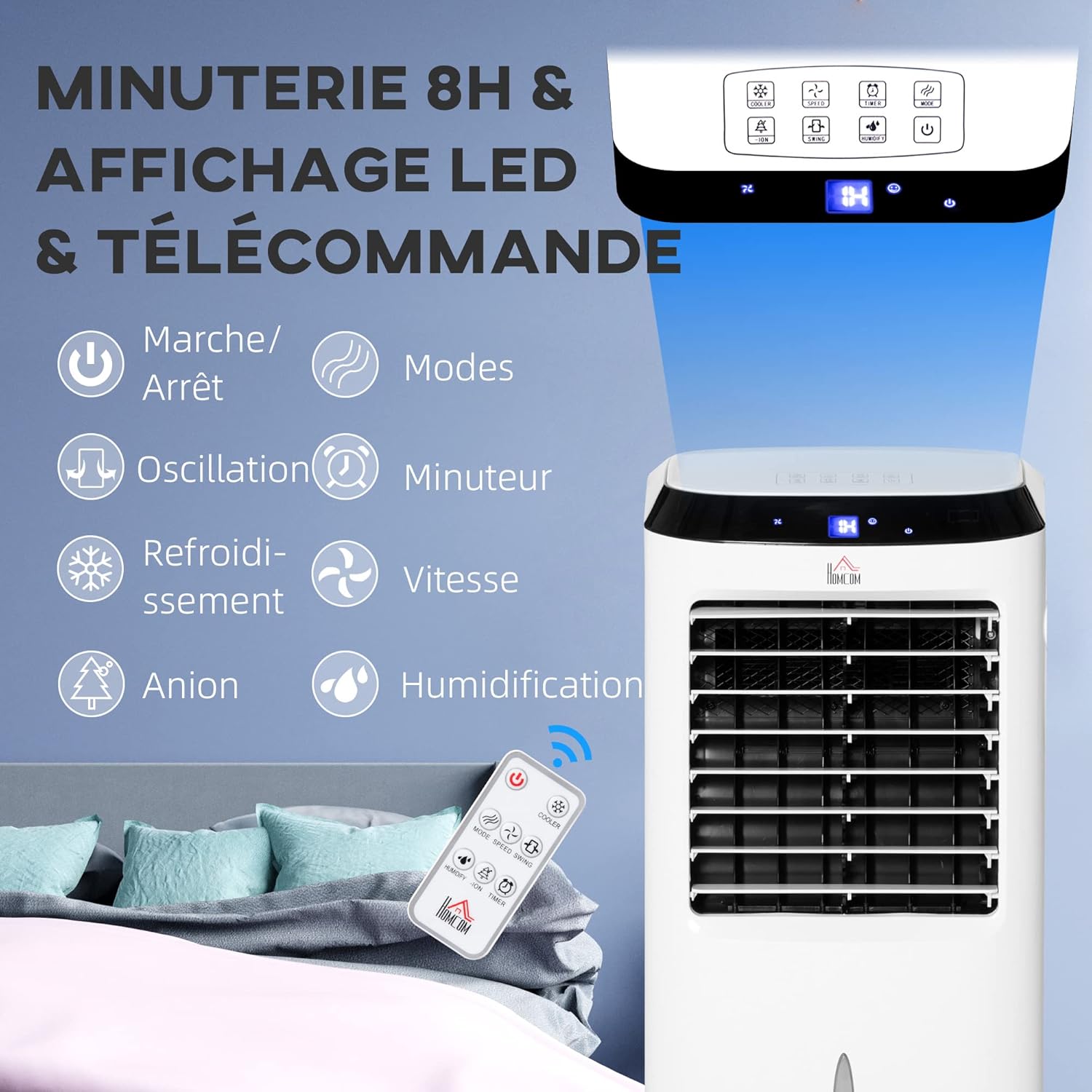 HOMCOM Climatiseur rafraîchisseur d'air mobile ventilateur ioniseur 4 en 1 avec télécommande - portable silencieux oscillant 60W - capacité max. réservoir 10L - idéal pièces 20 m² max. - blanc noir