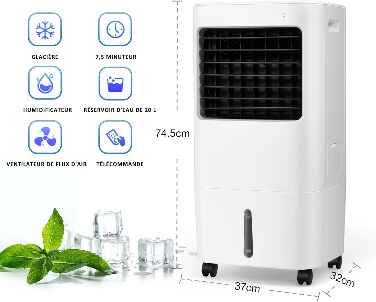 RELAX4LIFE Rafraîchisseur d’Air Mobile avec Humidificateur et Purificateur, 3 Mode de Vitesse, Climatiseur avec Réservoir d'Eau 8L et Filtre Amovible et Lavable pour Chambre, Bureau, Salon
