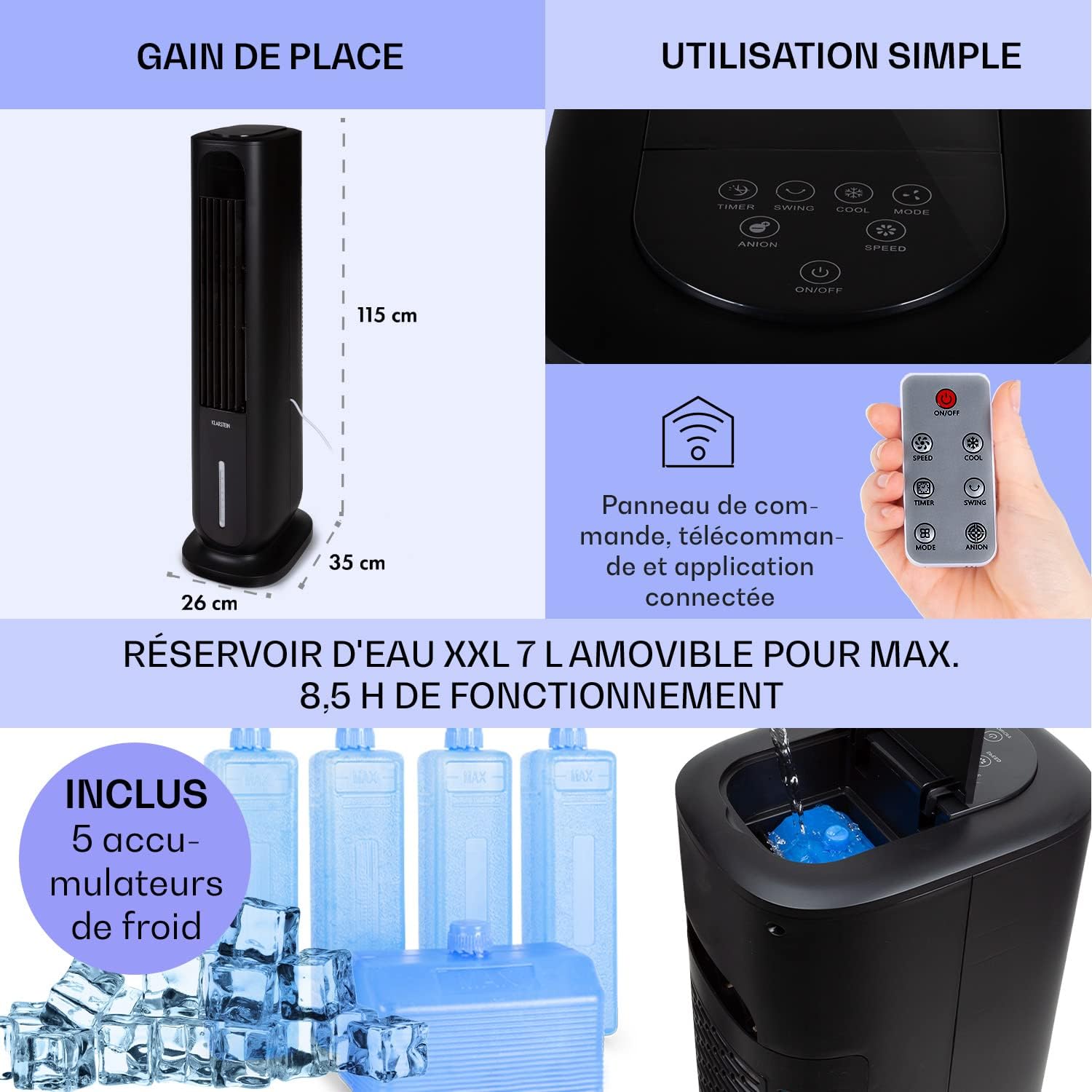 Klarstein Rafraichisseur d'Air Mobile 5 en 1, Refroidisseur d'Air par Evaporation avec Humidificateur, Ventilateur, Ioniseur, Climatiseur Mobile Sans Évacuation, Mode Nuit, 85W, Débit d'Air 3306m³/h