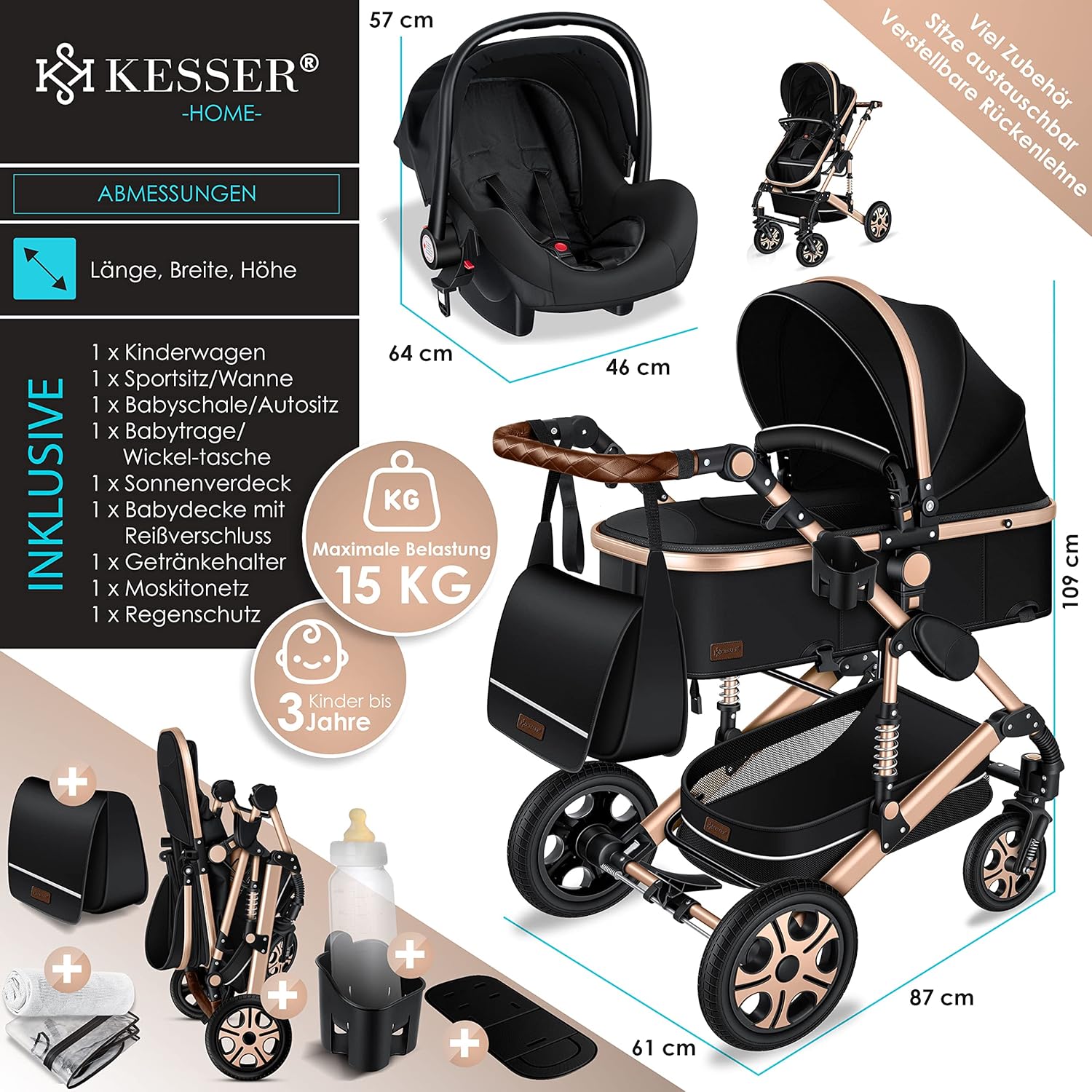 KESSER® Poussette combinée 3en1 Set incl. baignoire bébé poussette Siège sport & siège auto pour bébé Pneus pleins en caoutchouc Sac à langer Protection pluie Table pour enfant ECE R129 noir/champagne