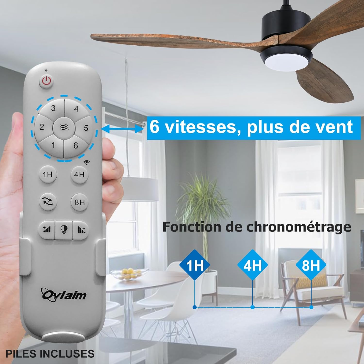 Ovlaim 132cm intérieur extérieur 3 pales hélice Smart ventilateur de plafond, Ventilateur de plafond en bois massif à moteur DC silencieux avect