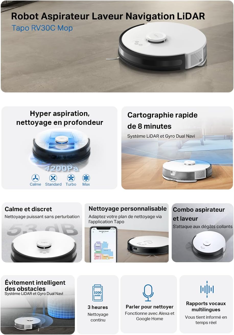 Tapo Aspirateur Robot Laveur 2 en 1 RV20Max Plus, Vidage Automatique, Silencieux Ultra Fin, Ultra puissante de 5300Pa, Navigation LiDAR, Auto-Charge Autonomie 180min, Tapis et Poils d'animaux