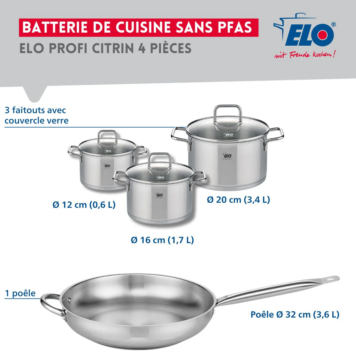 Set de 1 Poêle de cuisson 32 cm et 3 faitouts 12, 16 et 20 cm Elo Profi Citrin Elo