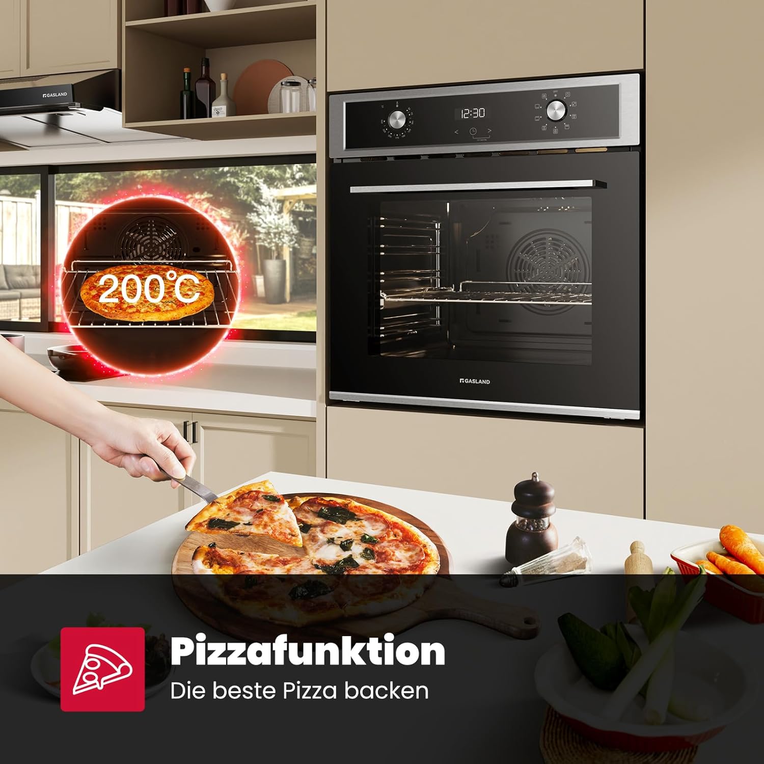 GASLAND ES609321DSH Four à encastrer, 70L, autarcique, four électrique avec 9 fonctions four, triple vitrage, tiroir télescopique et sélecteur rotatif escamotable, air chaud, inox, sécurité enfant