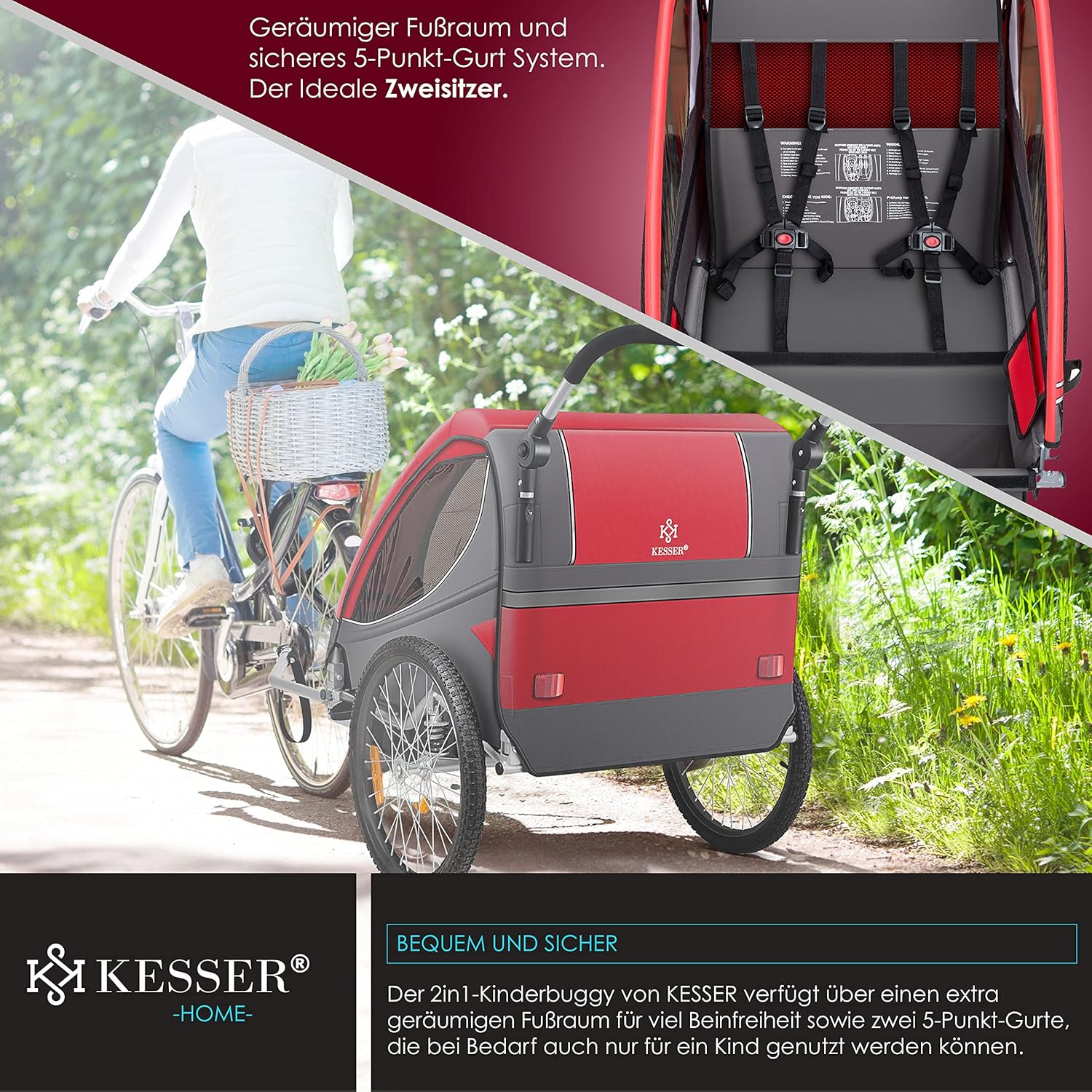 KESSER® Remorque de vélo pour enfant - Rotation à 360° - Avec suspension 2 en 1 - Fonction jogger - Remorque de vélo pour enfant - Sangle à 5 points - Pour 1 à 2 enfants - 40 kg
