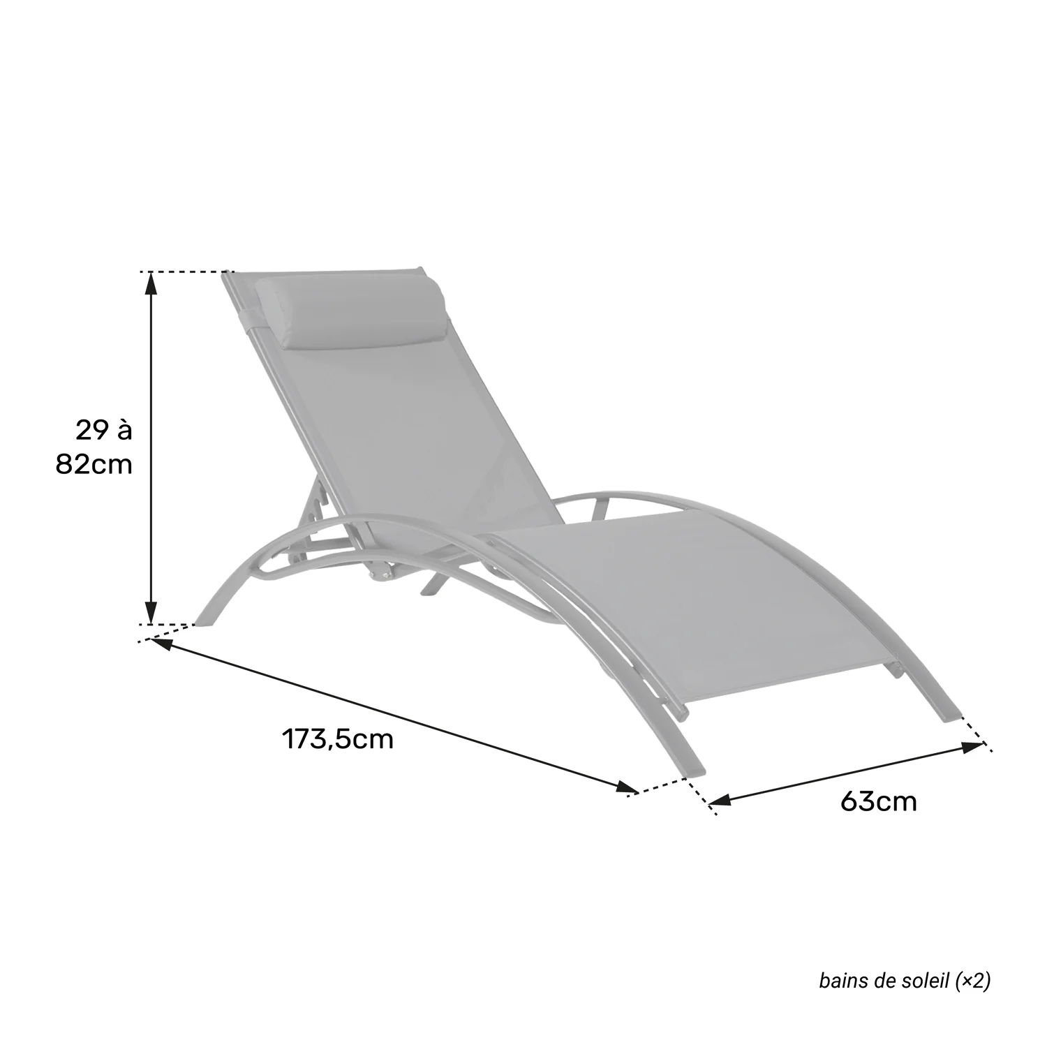 Lot de 2 transats GALAPAGOS en textilène gris - aluminium gris anthracite Happy Garden