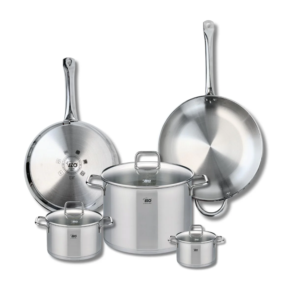 Ensemble de 2 Poêles de cuisson 28 et 32 cm et 3 faitouts 12, 16 et 26 cm Elo Profi Citrin Elo