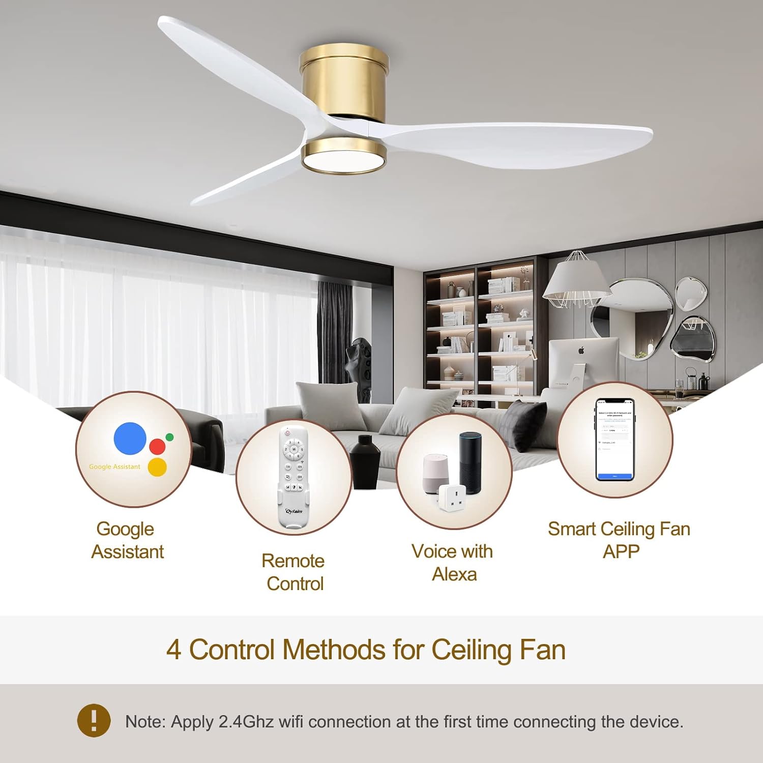 Ovlaim 132cm intérieur extérieur 3 pales hélice Smart ventilateur de plafond, Ventilateur de plafond en bois massif à moteur DC silencieux avect