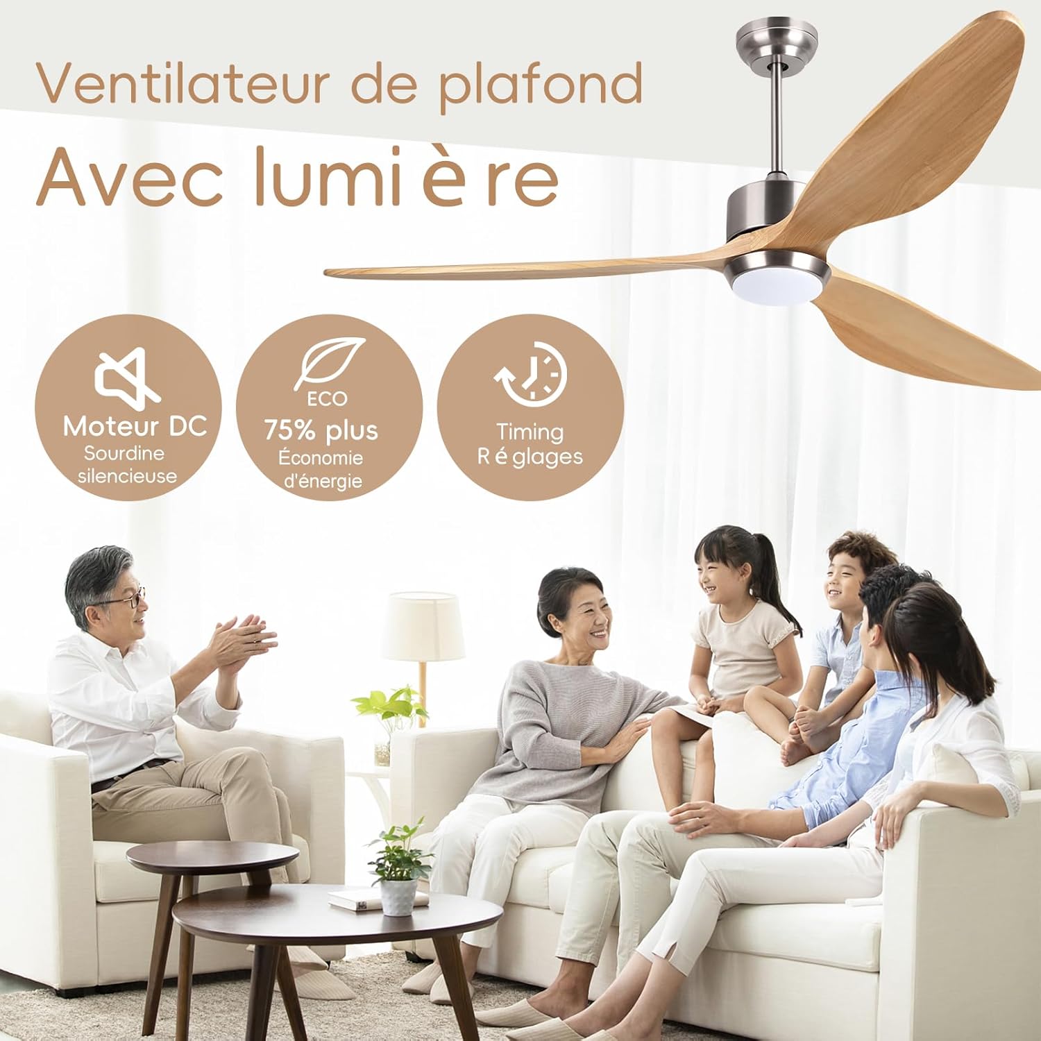 Ovlaim 132cm intérieur extérieur 3 pales hélice Smart ventilateur de plafond, Ventilateur de plafond en bois massif à moteur DC silencieux avect
